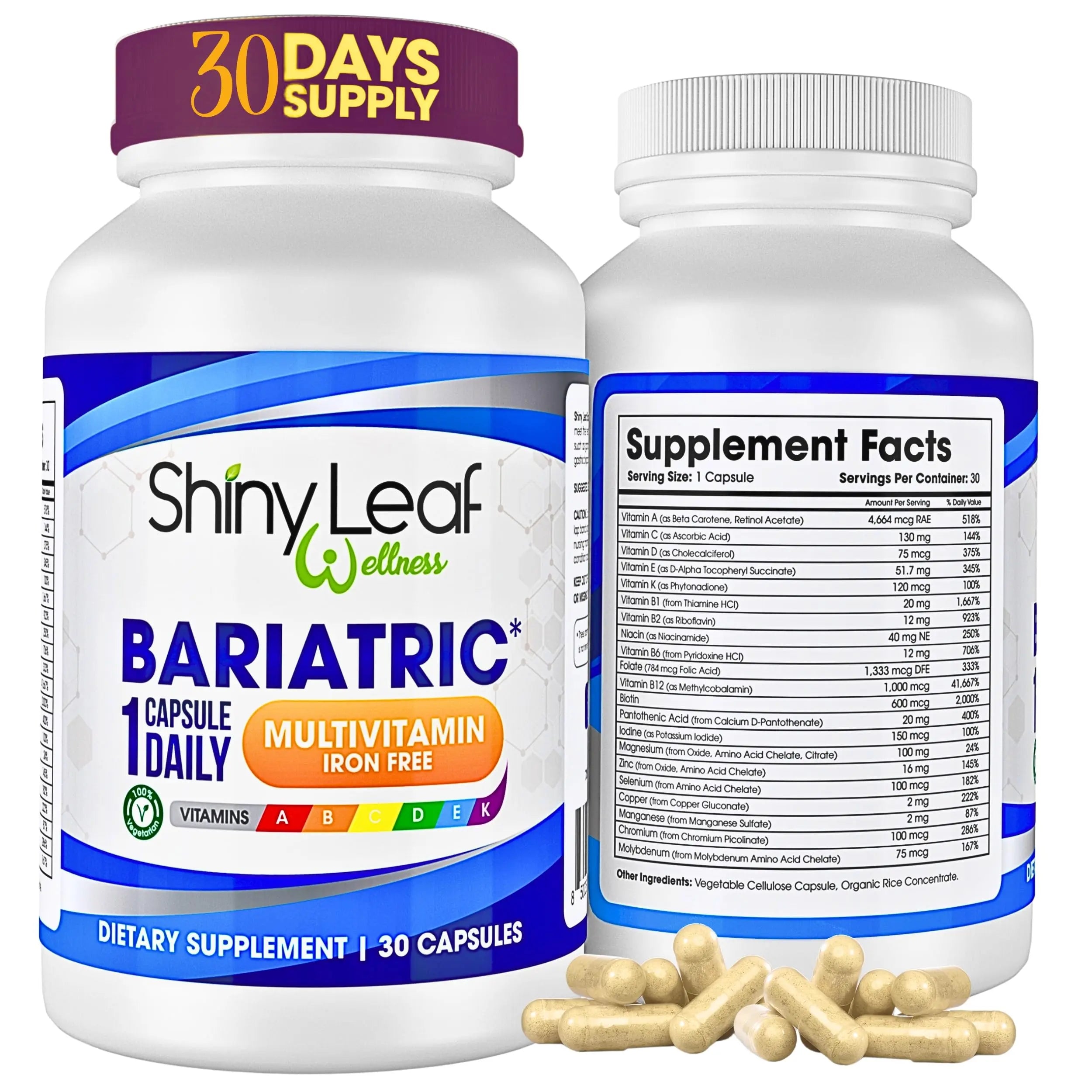 Bariatric Multivitamin Iron-Free One Capsule Per Day and CoQ10 100mg Supplement for Brain Health and Energy Management for Women and Men - 1 Month Supply Shiny Leaf buy supplements canada