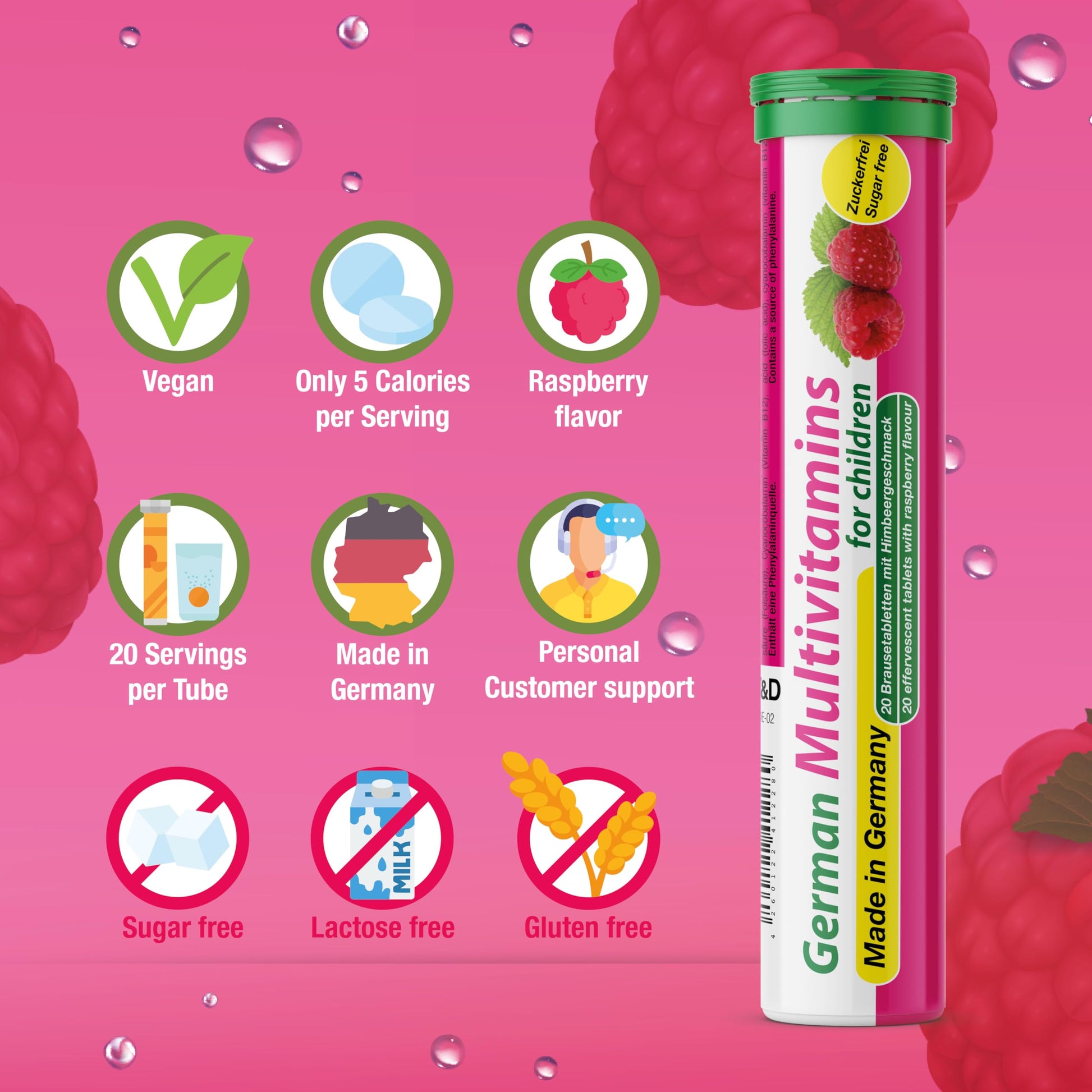 T&D German Multivitamin for Children 60 Drink Effervescent Tablets - Sweet Raspberry Flavour, Sugar Free, Vegan - Vitamin C, E, B1, B2, B6, B12 T&D buy supplements canada