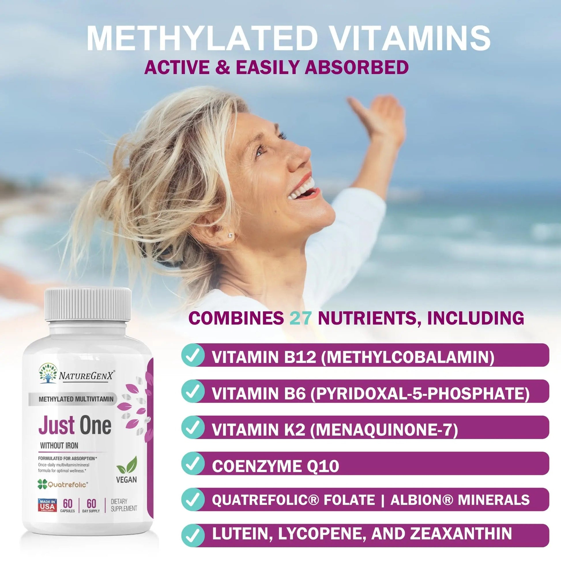 NatureGenX Just One Daily Methylated Multivitamin - 60 Caps Pure Methyl B12, Methylfolate MTHFR Support Supplement Iron Free Methylated Vitamins NatureGenX buy supplements canada