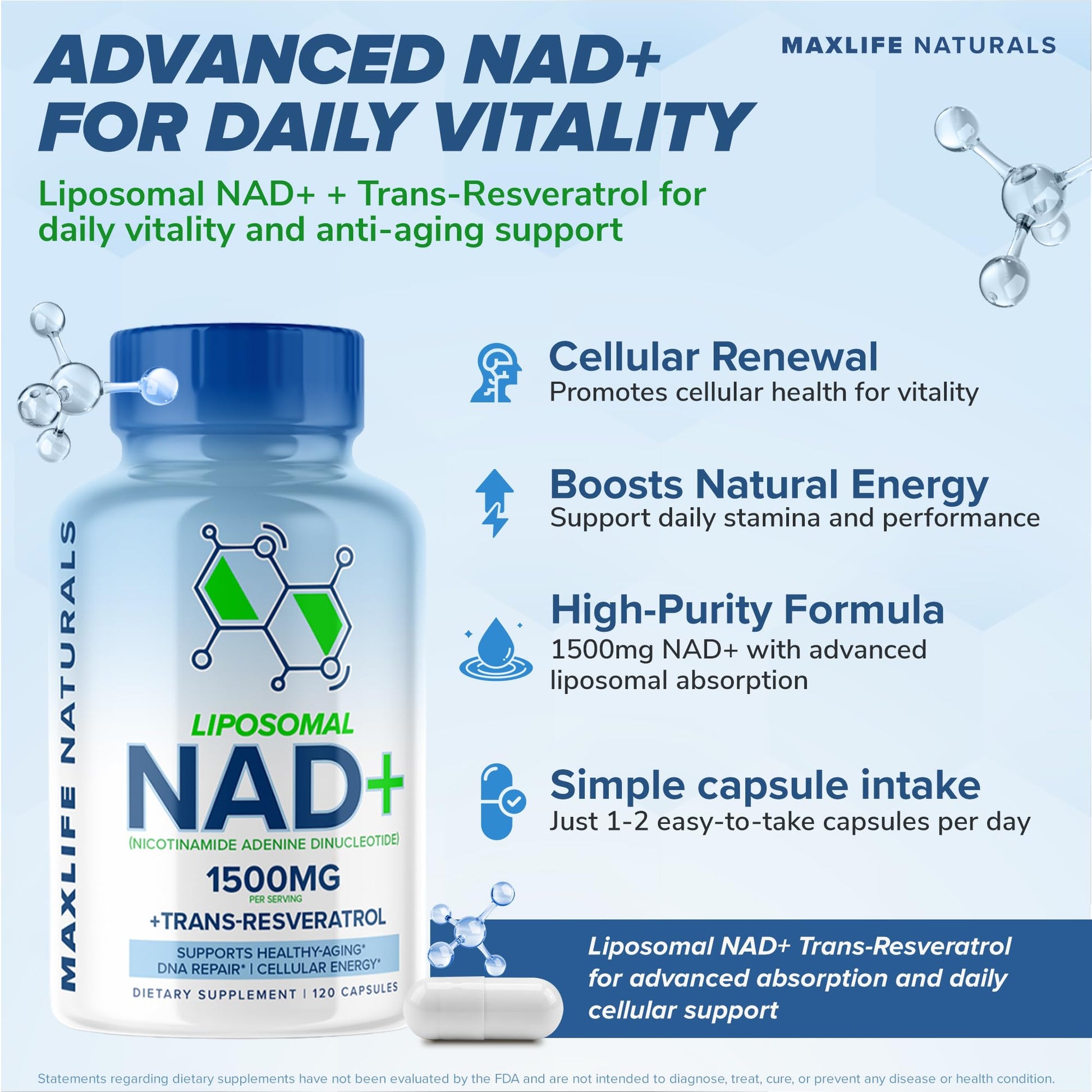 Liposomal NAD+ Trans-Resveratrol Supplement 1500mg - 120 Capsules - Liposomal NAD Supplements for Women and Men, High Purity-NAD Cell Regenerator, Cognitive & Anti Aging Supplement for Women & Men MAXLIFE NATURALS buy supplements canada