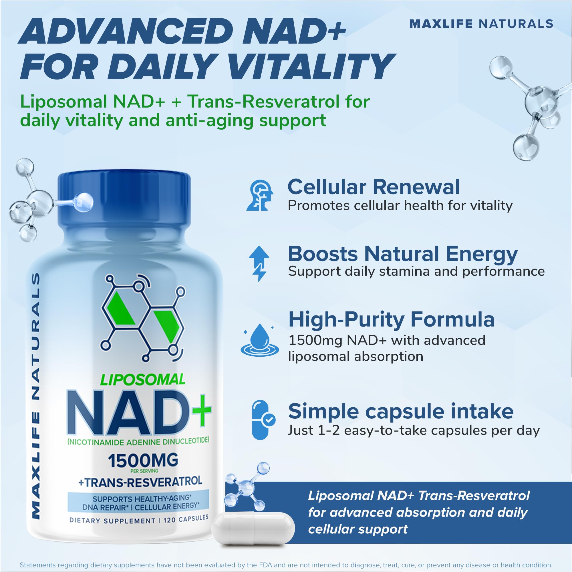 Liposomal NAD+ Trans-Resveratrol Supplement 1500mg - 120 Capsules - Liposomal NAD Supplements for Women and Men, High Purity-NAD Cell Regenerator, Cognitive & Anti Aging Supplement for Women & Men MAXLIFE NATURALS buy supplements canada