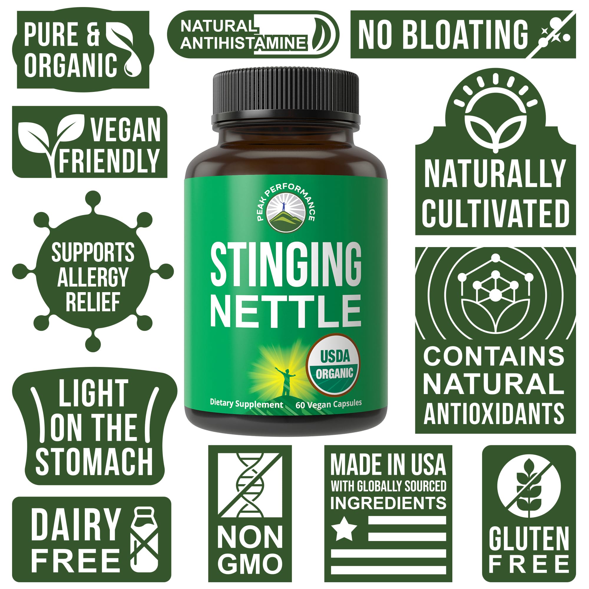 USDA Organic Stinging Nettle Vegan Capsules Made with Stinging Nettle Leaf Powder for Prostate, Hair Growth, Allergy. Better Than Root or Seed Extract. Plant Based Herb Supplement Tablets, 60 Pills Peak Performance buy supplements canada