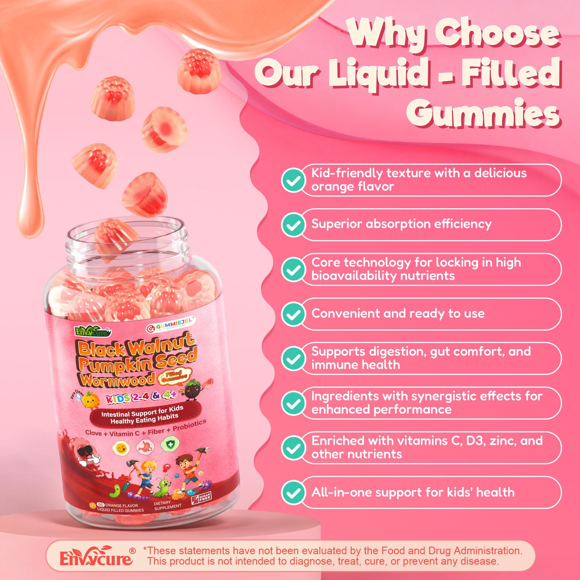 Toddler 2-4 & Kids 4+ Para Clean Gut Health Gummies w/Black Walnut, Wormwood, Clove, Pumpkin Seeds, Vitamin C, D3, Zinc, Digestive Supplement for Natural Gut Cleanse, Kids Immune Support (60cts) EnvyCure buy supplements canada