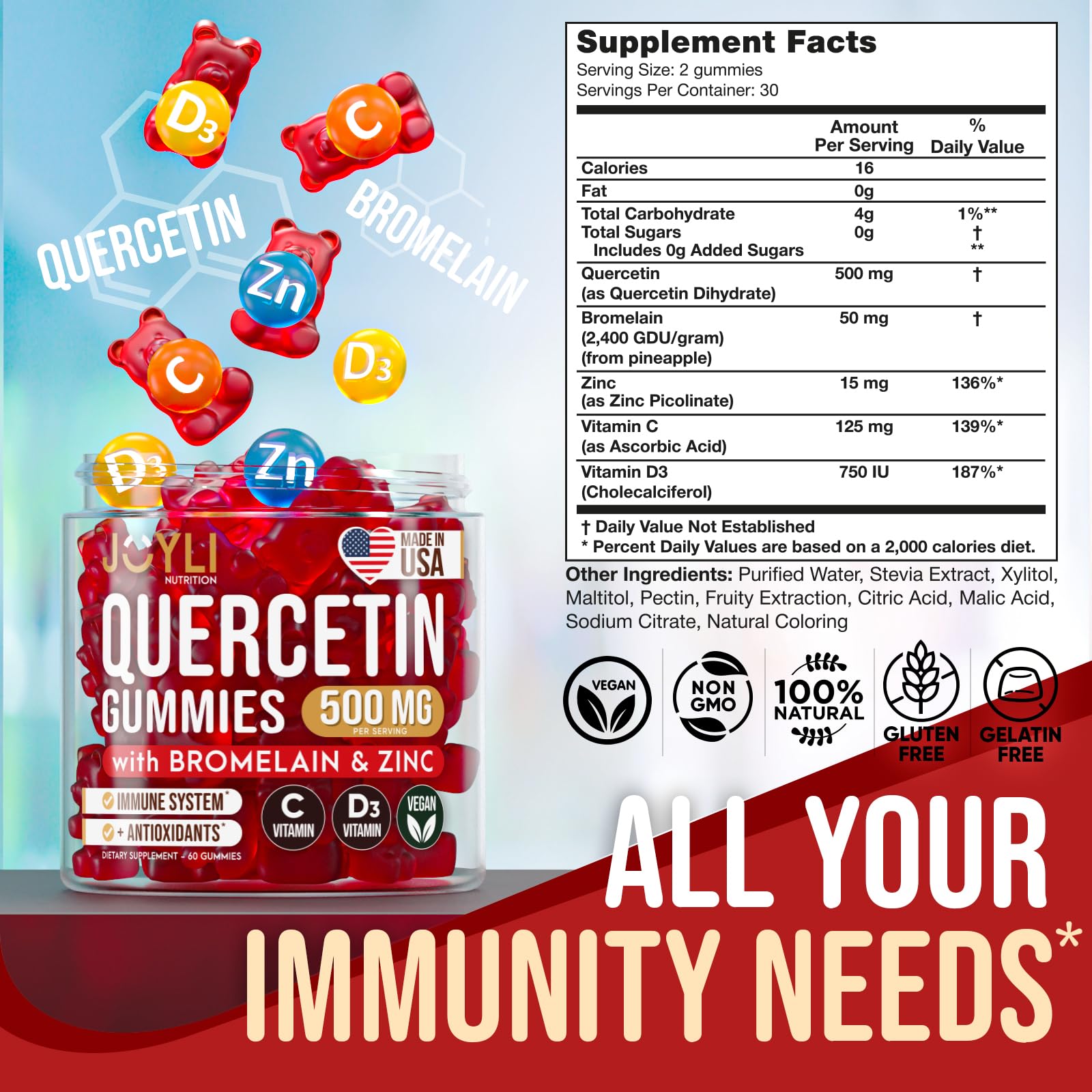 JOYLI Quercetin Gummies - Quercetin with Bromelain Zinc Vitamin C & Vitamin D3 - Quercetin Supplement 500MG for Immune System & Allergy - Quercetin for Kids and Adults - 60 Quercetin Chewable JOYLI Nutrition buy supplements canada