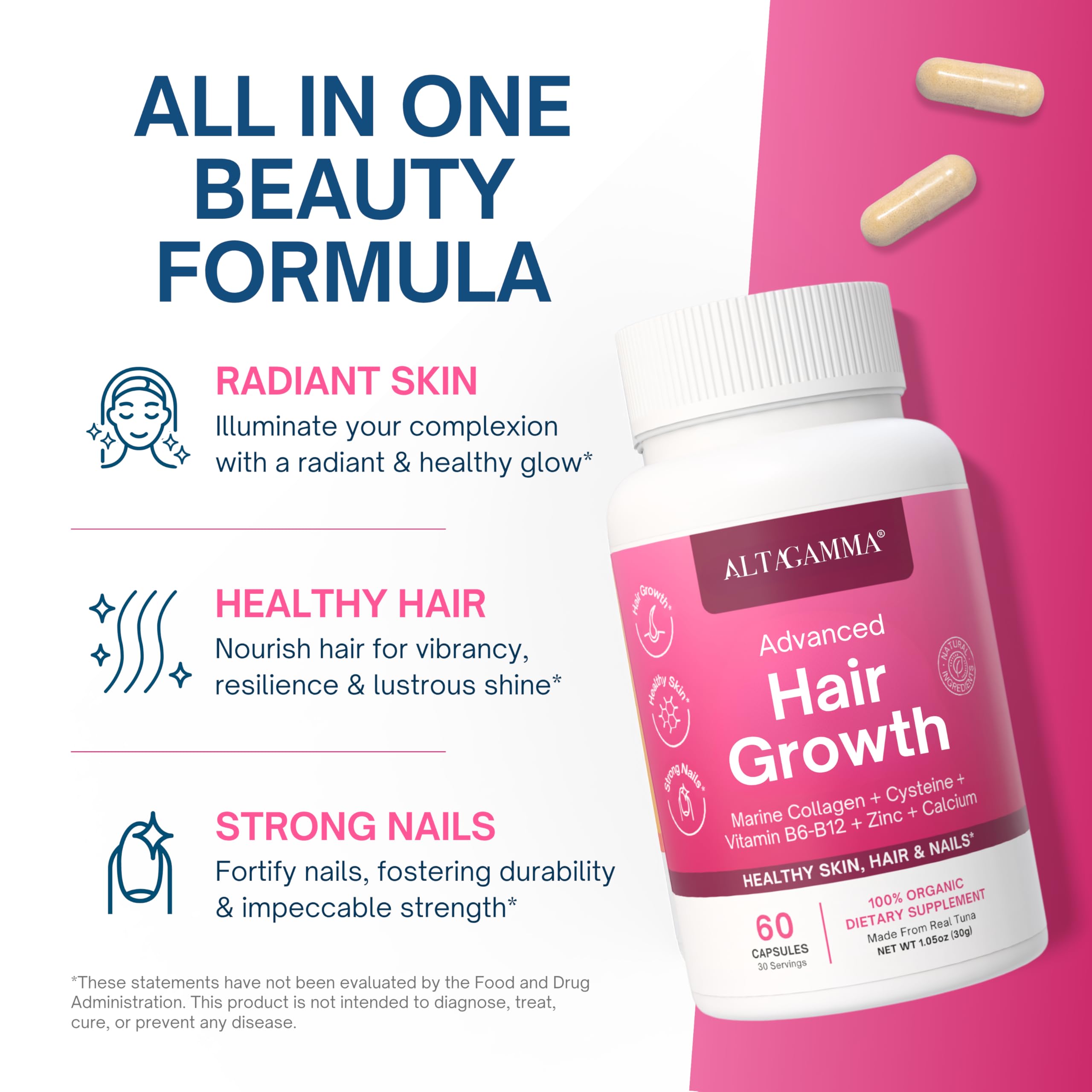 ALTAGAMMA Hair Growth Supplements - Nourishes Thinning, Strengthen Nails & Skin & Combat Hair Loss - Hair Growth Vitamins for Women & Men with Marine Collagen Peptides, 60 Capsules | 30 Day Supply ALTAGAMMA buy supplements canada