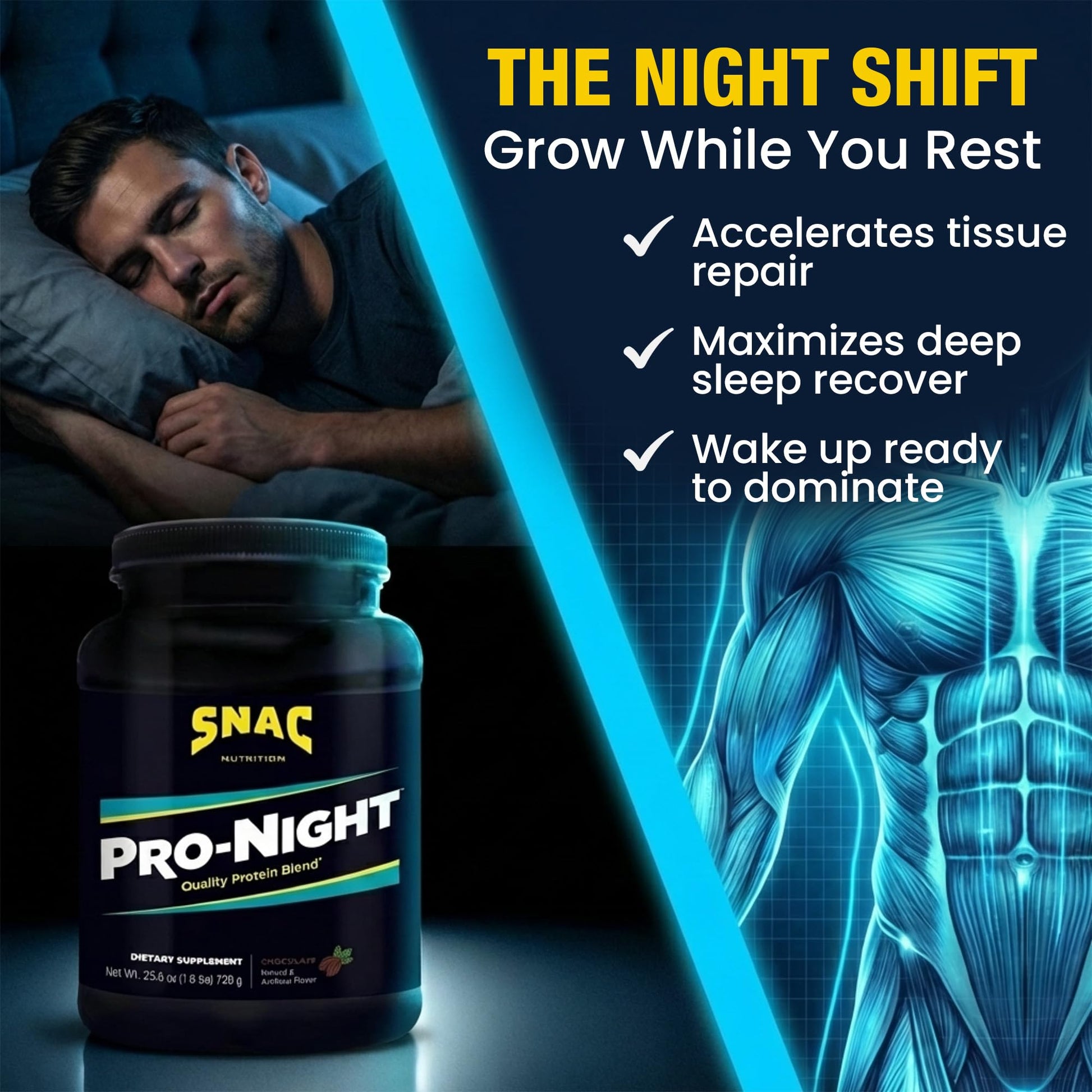 SNAC Pro-Night Protein Powder Blend - Quality Protein Powder for Men and Women, Nighttime Recovery, High Protein Supplement, Supports Muscle Repair, 26g Protein per Serving, Chocolate Flavor, 1.6 lbs SNAC buy supplements canada