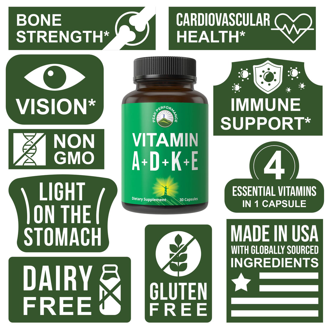 Peak Performance Vitamins D 5,000 iu + A + K + E All in 1 Easy to Swallow Vegan Capsule. ADK Vitamin Supplement with E D3 K2. Essential Vitamins for Mood Peak Performance buy supplements canada