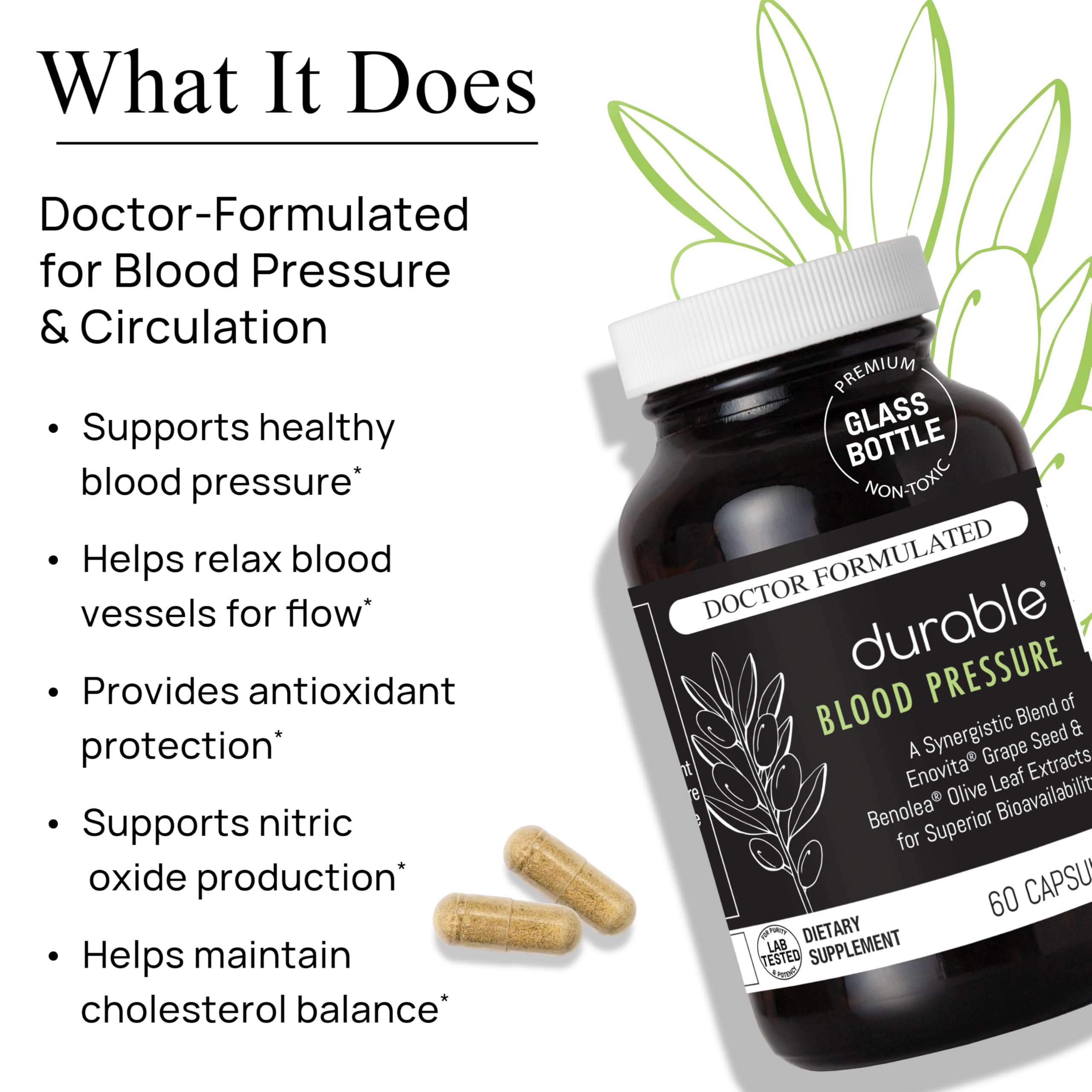 Durable Blood Pressure – Benolea Olive Leaf & Enovita Grape Seed Extract – Healthy Circulation, Nitric Oxide & Artery Support – Doctor Formulated, Vegan, Non-GMO, Made in USA (60 Capsules) Durable buy supplements canada