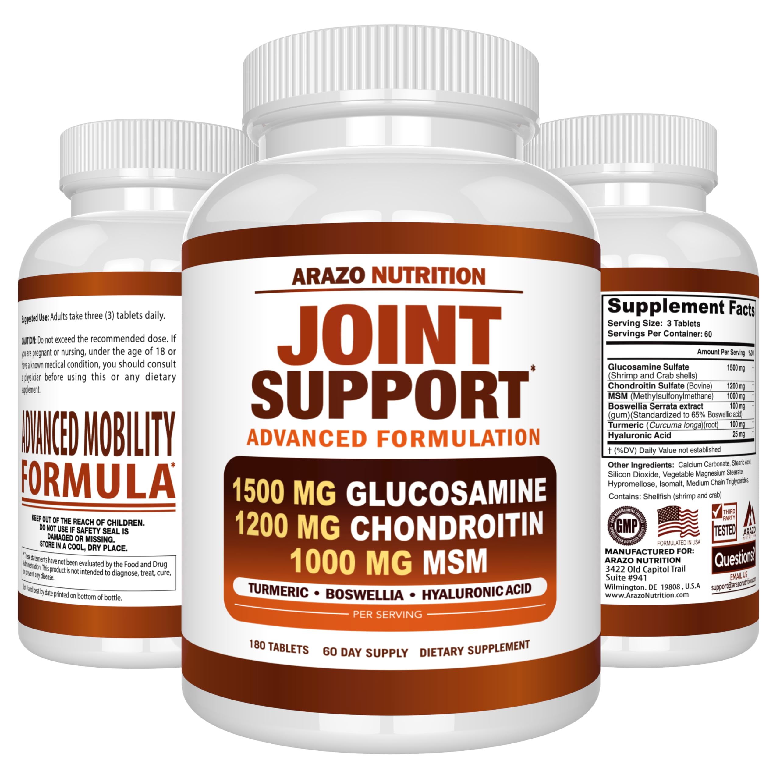 Arazo Nutrition Glucosamine Chondroitin Turmeric Msm Boswellia - Joint Support Supplement for Relief 180 Tablets for Bones, Back, dailyvitalstore buy supplements canada