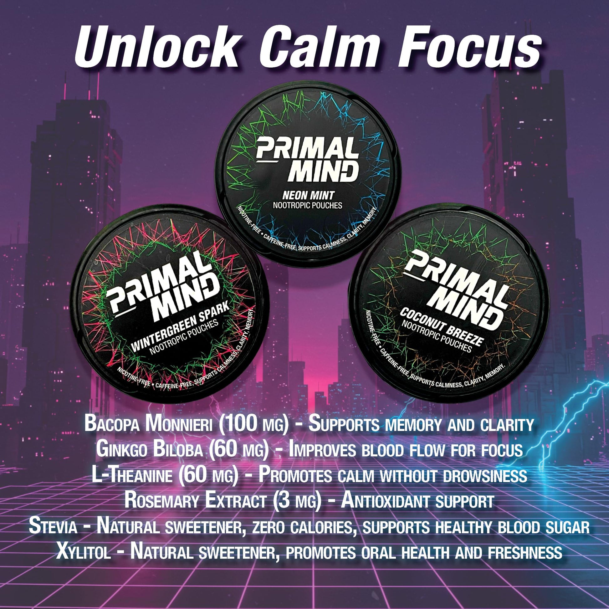 Nootropic Pouches - Primal Mind Caffeine Free Nootropics Pouches Made with Ginkgo Biloba & L-Theanine - Nicotine Free Brain Boost, No Sugar, Cognitive Support – 20 Pouches Per Can, 5 Pack (Neon Mint) Primal Prelude buy supplements canada