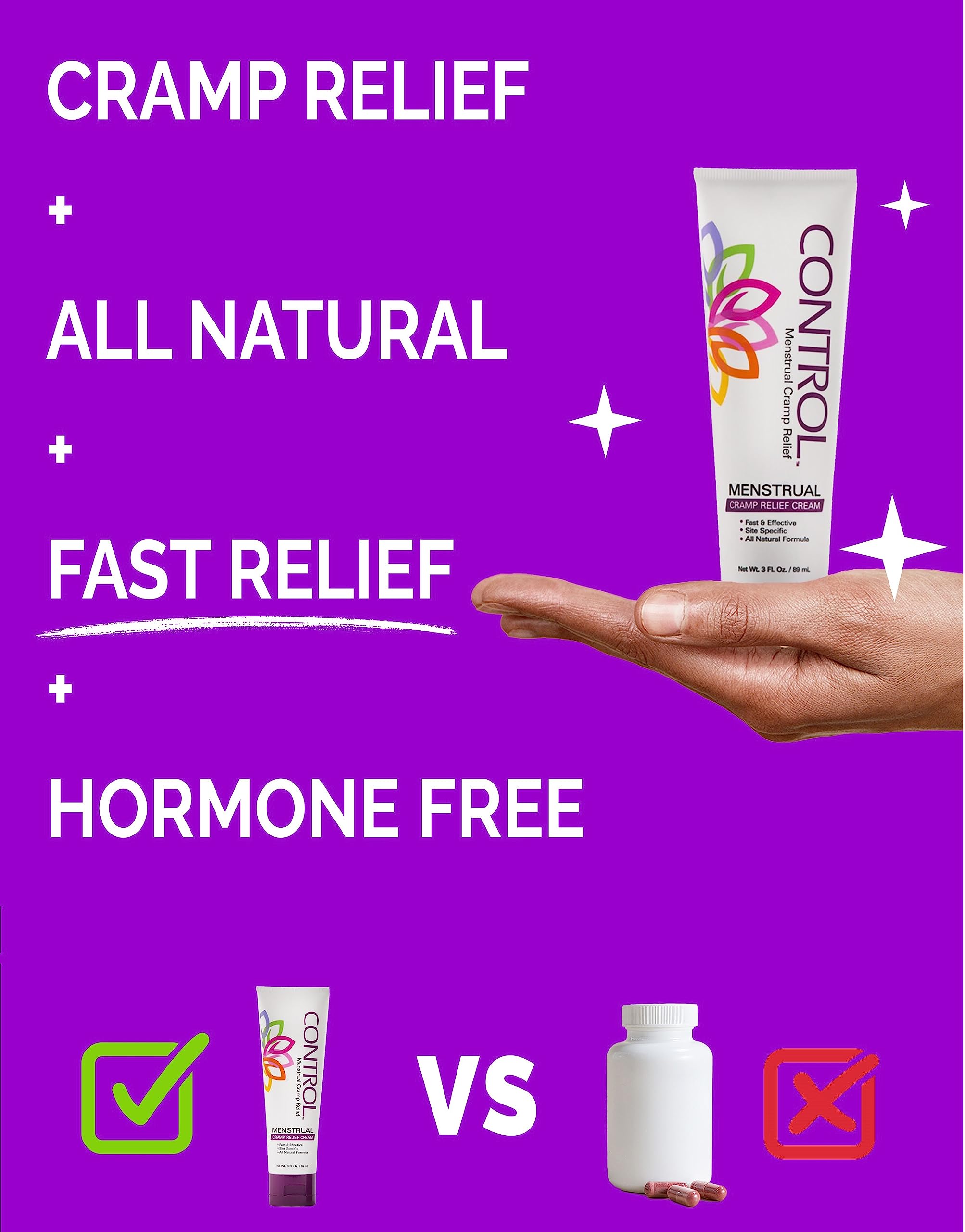 CONTROL, Menstrual Cramp Relief Cream, Topical Pain Relief for Period Cramps and PMS, Period Relief Products, Fast and Effective, Easy to Use, Safe for All Ages, Hormone Free, All Natural, 3 oz Tube. CONTROL buy supplements canada