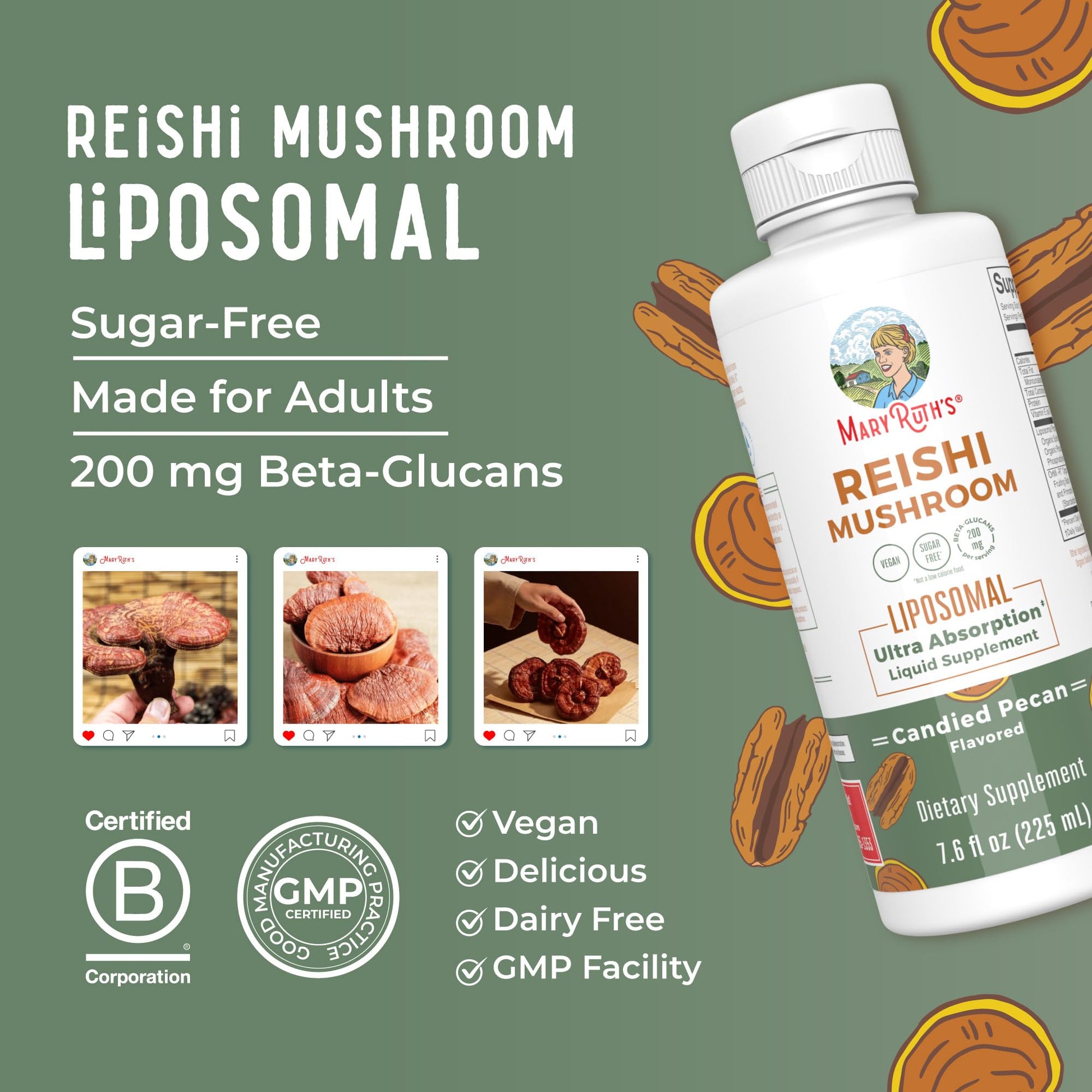 MaryRuth Organics Reishi Vegan Mushroom Supplement | Ultra Absorption Liposomal | Immune Support with 200mg Beta-Glucans, Vegan |Full Spectrum Reishi Mushrooms Fruiting Body | 7.6 oz, MARYRUTH'S buy supplements canada