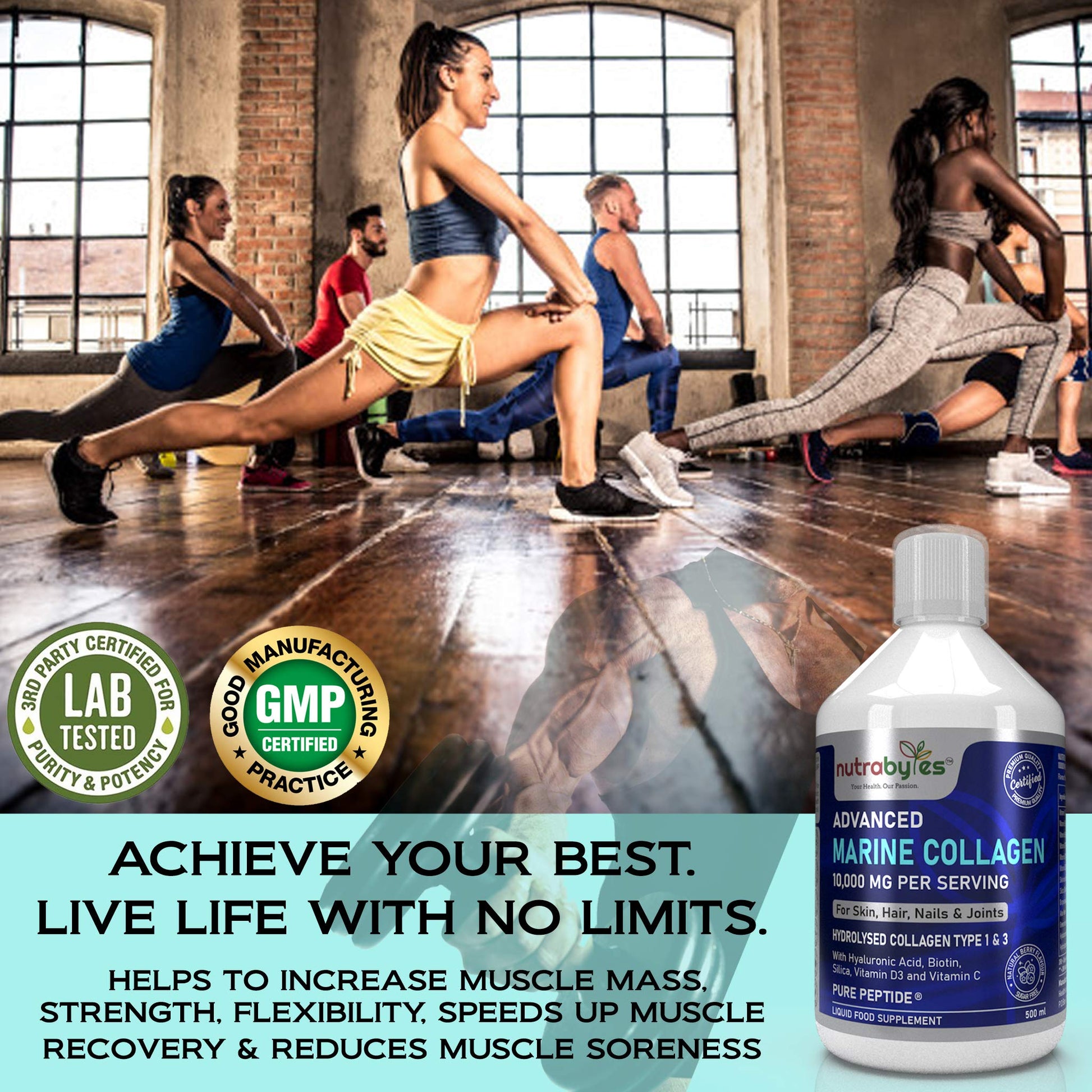 Marine Collagen Liquid 10000mg Sugar Free, Hydrolysed Peptides | Hyaluronic Acid, Biotin, Silica, Vitamin C, Vitamin D3 NUTRABYTES buy supplements canada