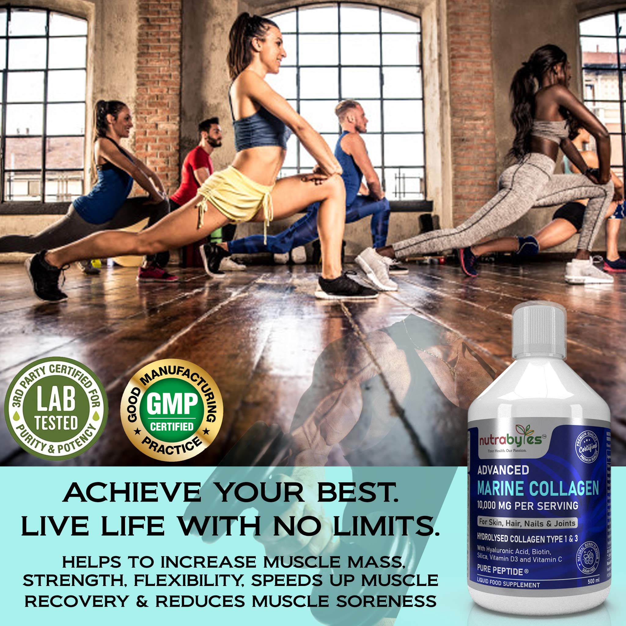 Marine Collagen Liquid 10000mg Sugar Free, Hydrolysed Peptides | Hyaluronic Acid, Biotin, Silica, Vitamin C, Vitamin D3 NUTRABYTES buy supplements canada