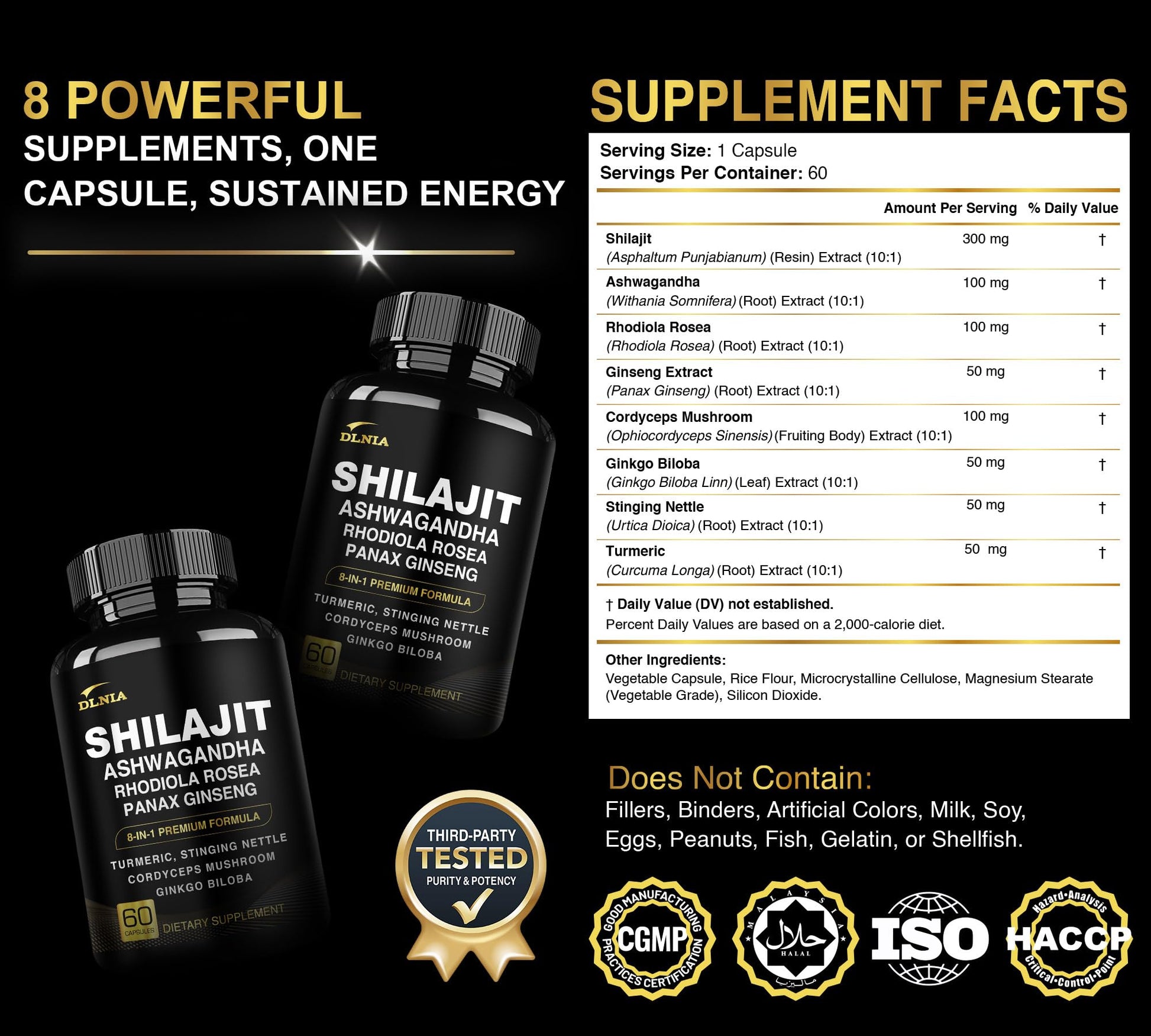 DLNIA 8-in-1 Shilajit for Men & Women with Ashwaganda Himalayan Organic Supplement with Rhodiola Rosea, Ginseng, Turmeric, Mushroom, for Immune Support, Energy, Calm, Focus, Clarity, Sleep, Cortisol DLNIA buy supplements canada