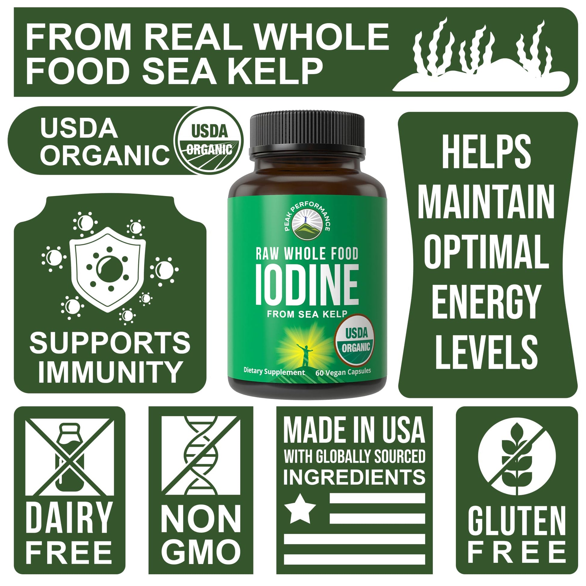 USDA Organic Raw Whole Food Iodine Supplement from Kelp (Ascophyllum Nodosum) - Potassium Iodide Tablets Alternative - for Thyroid, Energy, and Immune Support - 60 Vegan Capsules by Peak Performance Peak Performance buy supplements canada