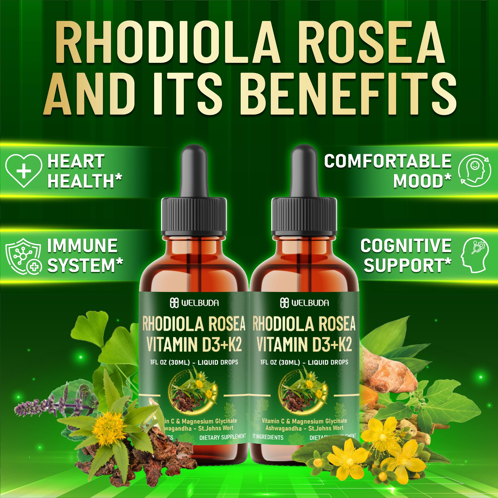 17in1 Rhodiola Rosea Liquid Supplement with Ashwagandha, Magnesium Glycine, L-Theanine, Vitamin C, Vitamin D3, Vitamin K2, Ginkgo, Turmeric, Holy Basil and More - 1 FL Oz - 60 Day Supply WELBUDA buy supplements canada