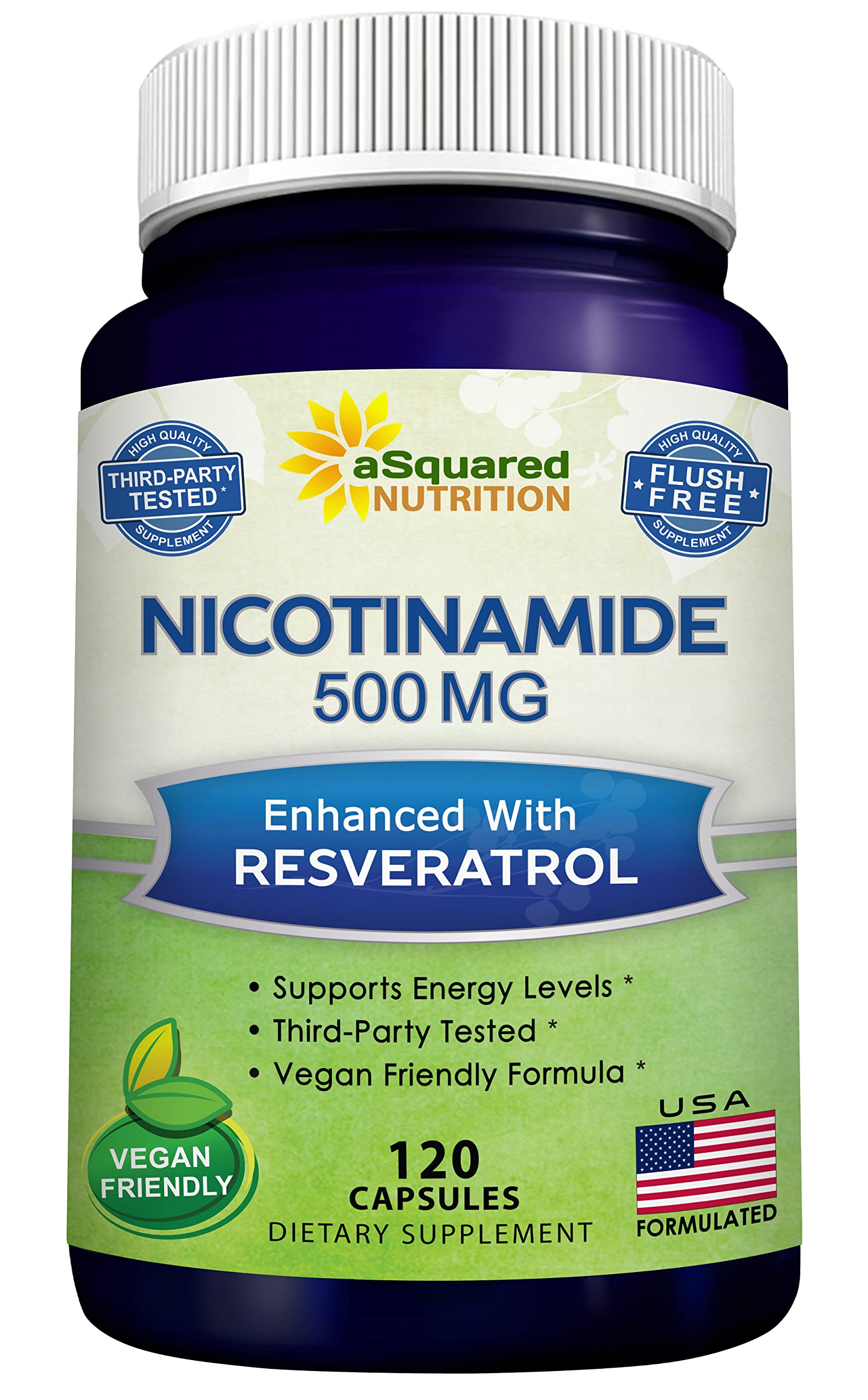 aSquared Nutrition Nicotinamide with Resveratrol - 120 Veggie Capsules - Vitamin B3 500mg (Niacinamide Flush Free) - Supplement Pills to Support NAD, Skin Cell Health & Energy aSquared Nutrition buy supplements canada