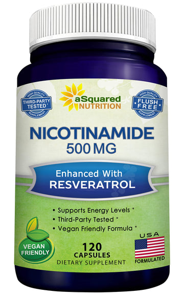 aSquared Nutrition Nicotinamide with Resveratrol - 120 Veggie Capsules - Vitamin B3 500mg (Niacinamide Flush Free) - Supplement Pills to Support NAD, Skin Cell Health & Energy aSquared Nutrition buy supplements canada