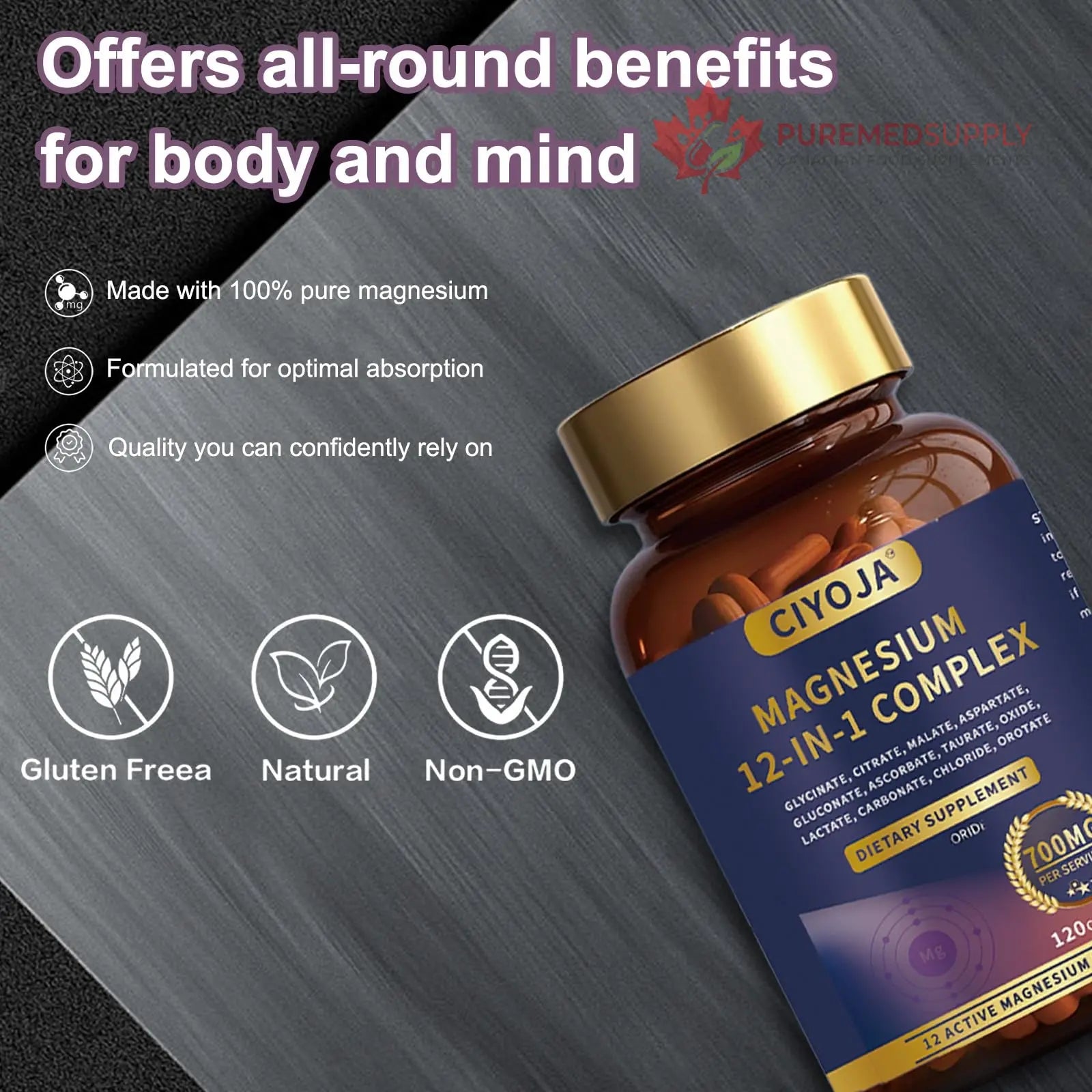 12-in-1 Magnesium Complex for Women Men: Magnesium Glycinate 700mg with Citrate, Malate Taurate Chelated Forms - High Absorption Magnesium Supplement for Relaxation Muscle Heart - 120 Vegan Capsules CIYOJA buy supplements canada