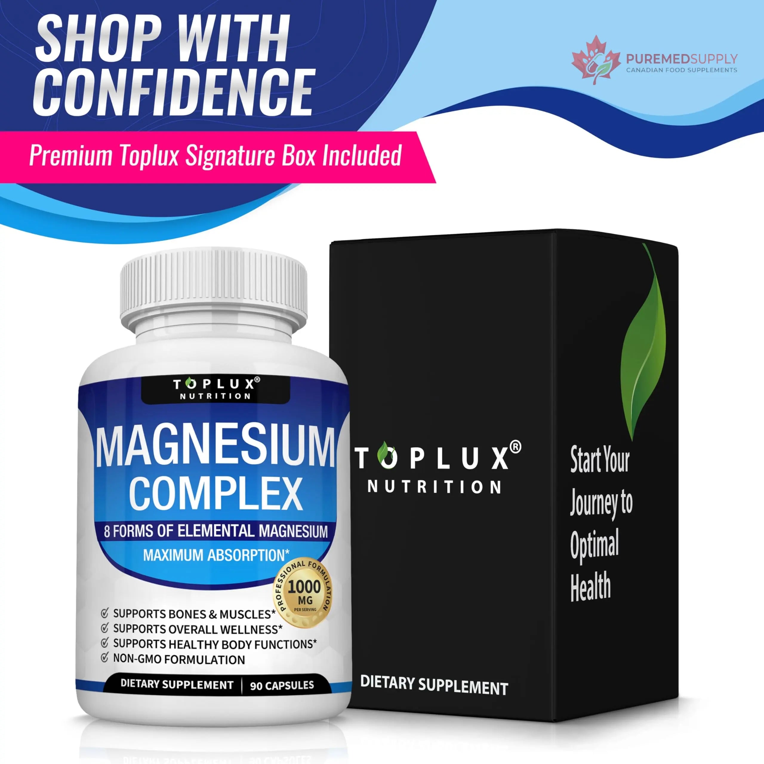 Magnesium Complex Supplement 8 Elemental 1000mg - Magnesium Glycinate, Citrate, Malate, Taurate, Chelated for Easy Absorption for Bones, Muscle, Recovery, Energy, Vegan Non-GMO 90 Capsules Toplux buy supplements canada