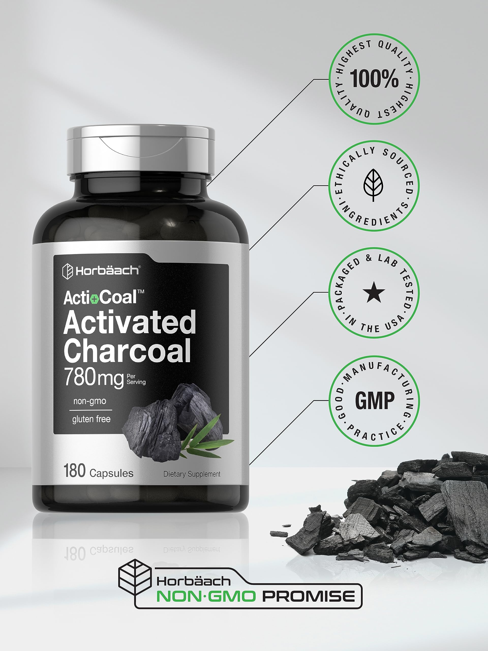 Charcoal Pills 780mg | 180 Capsules | Activated Charcoal from Coconut Shells | Non-GMO Horbäach buy supplements canada