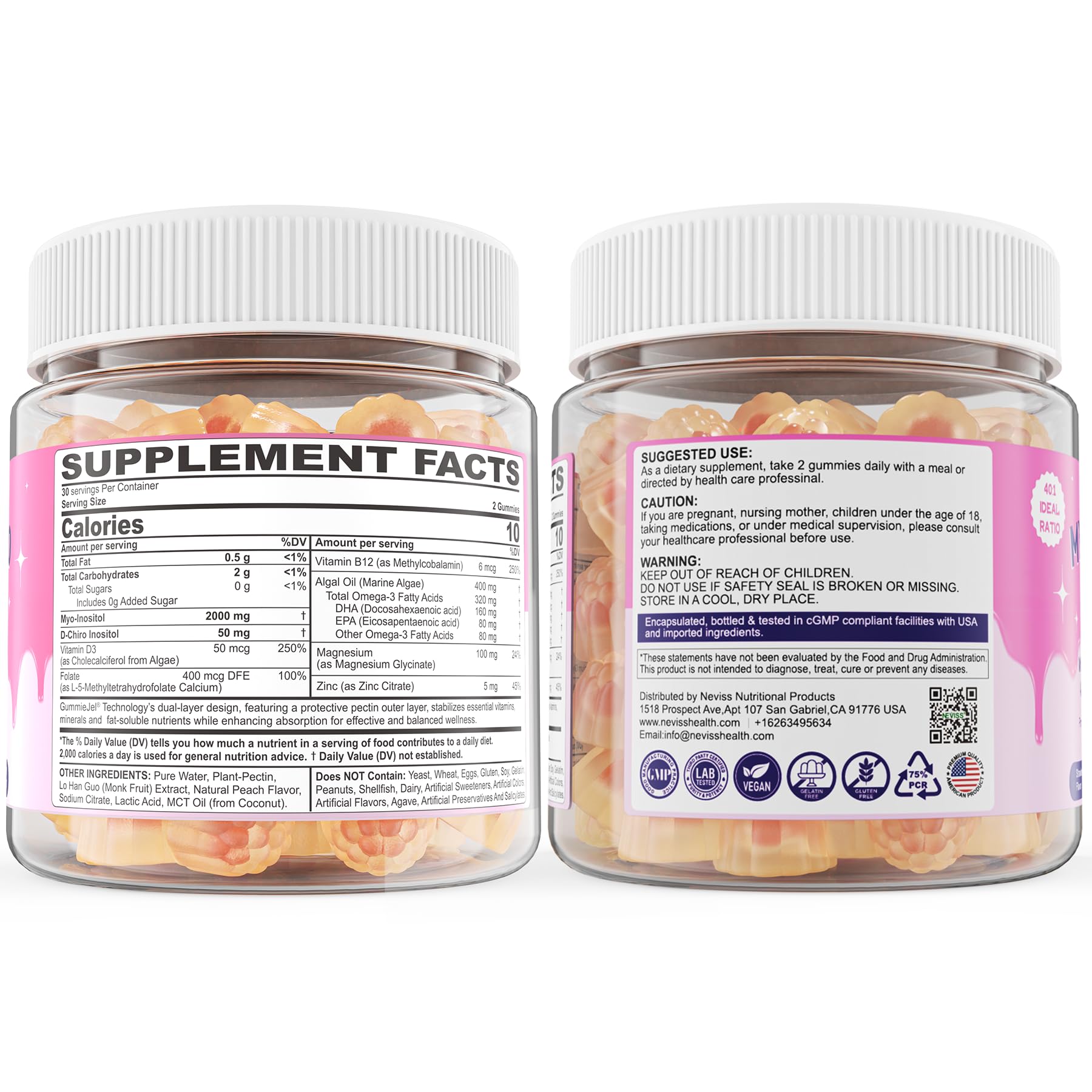 Myo-Inositol & D-Chiro Inositol, Hormone Balance for Women | Sugar Free Inositol Gummies w/Omega 3, MTHF Folate, Vitamin D3, B12, Magnesium & Zinc for Ovarian Health, Ideal 40:1 Ratio, Vegan, 60 Cts NEVISS buy supplements canada