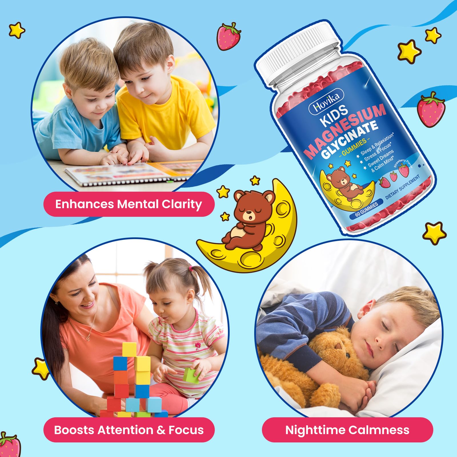 Magnesium Glycinate Gummies for Kids - with L-Theanine, Omega-3, Vitamin B6, D3, Zinc - Kids Magnesium Gummies for Sleep, Relaxation, Calm & Focus - Sugar Free Strawberry 60ct Hovika buy supplements canada