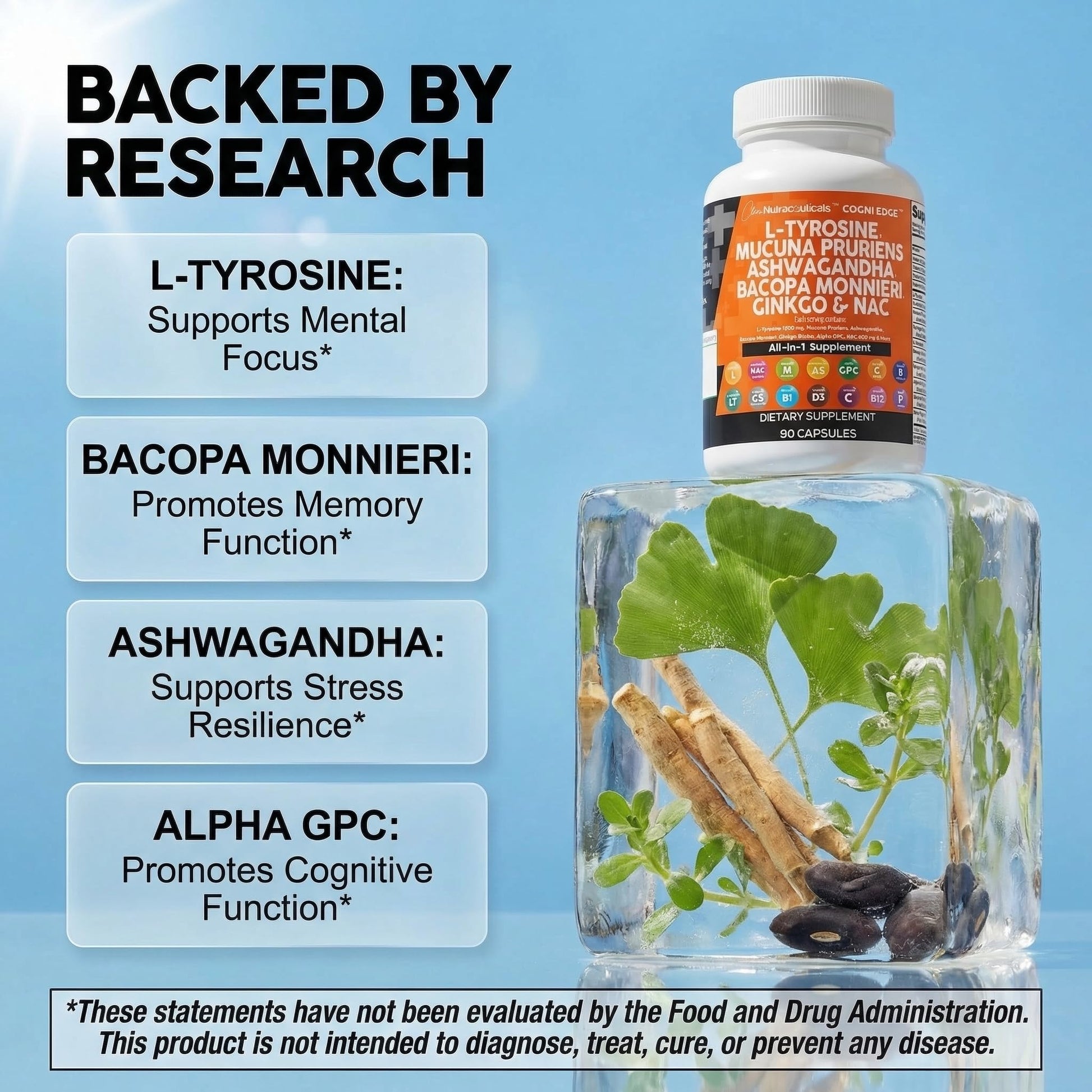 Clean Nutraceuticals L Tyrosine Mucuna Pruriens Bacopa Monnieri Ashwagandha Focus Supplement w/N-Acetyl Cysteine NAC 5-HTP Ginkgo Biloba Alpha GPC Vitamin C D B1 B12 Clean Nutraceuticals buy supplements canada