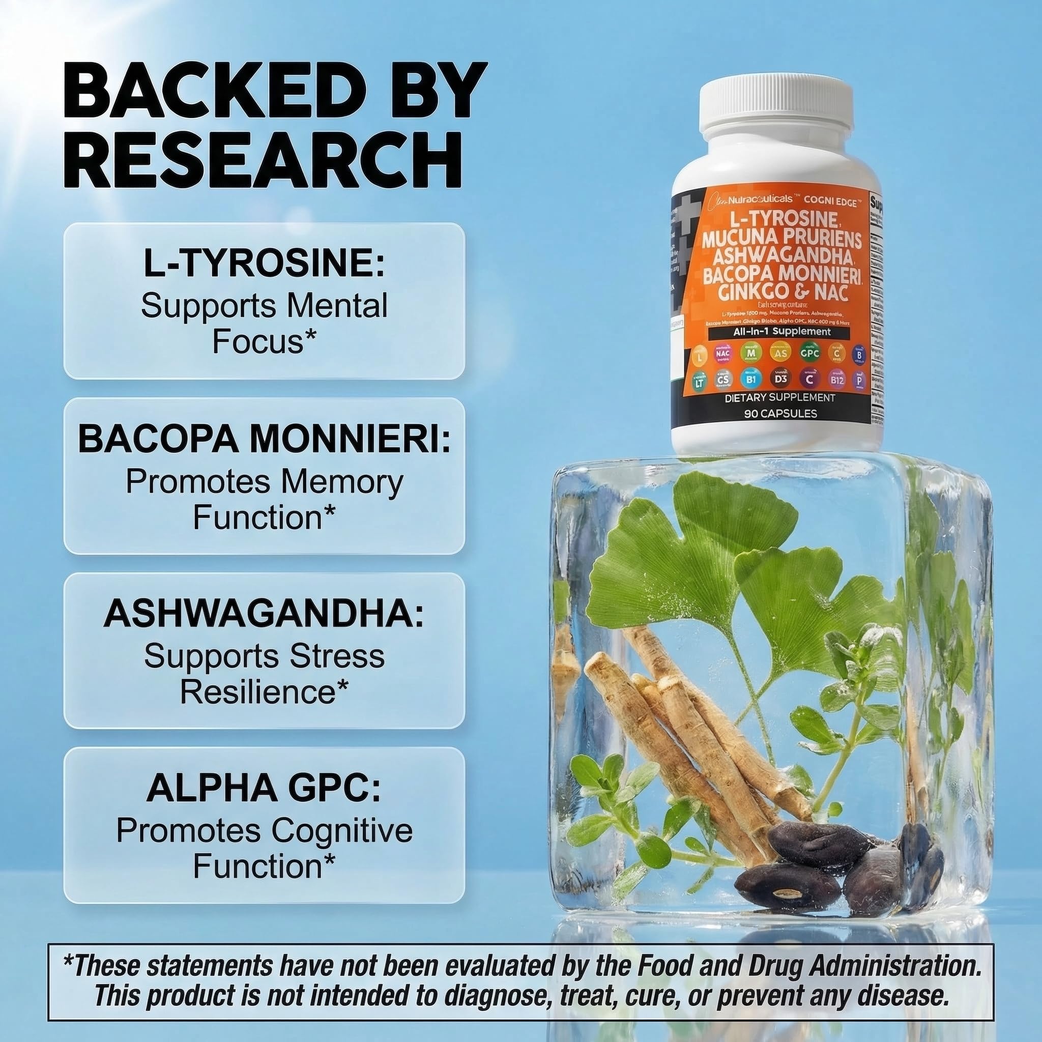 Clean Nutraceuticals L Tyrosine Mucuna Pruriens Bacopa Monnieri Ashwagandha Focus Supplement w/N-Acetyl Cysteine NAC 5-HTP Ginkgo Biloba Alpha GPC Vitamin C D B1 B12 Clean Nutraceuticals buy supplements canada