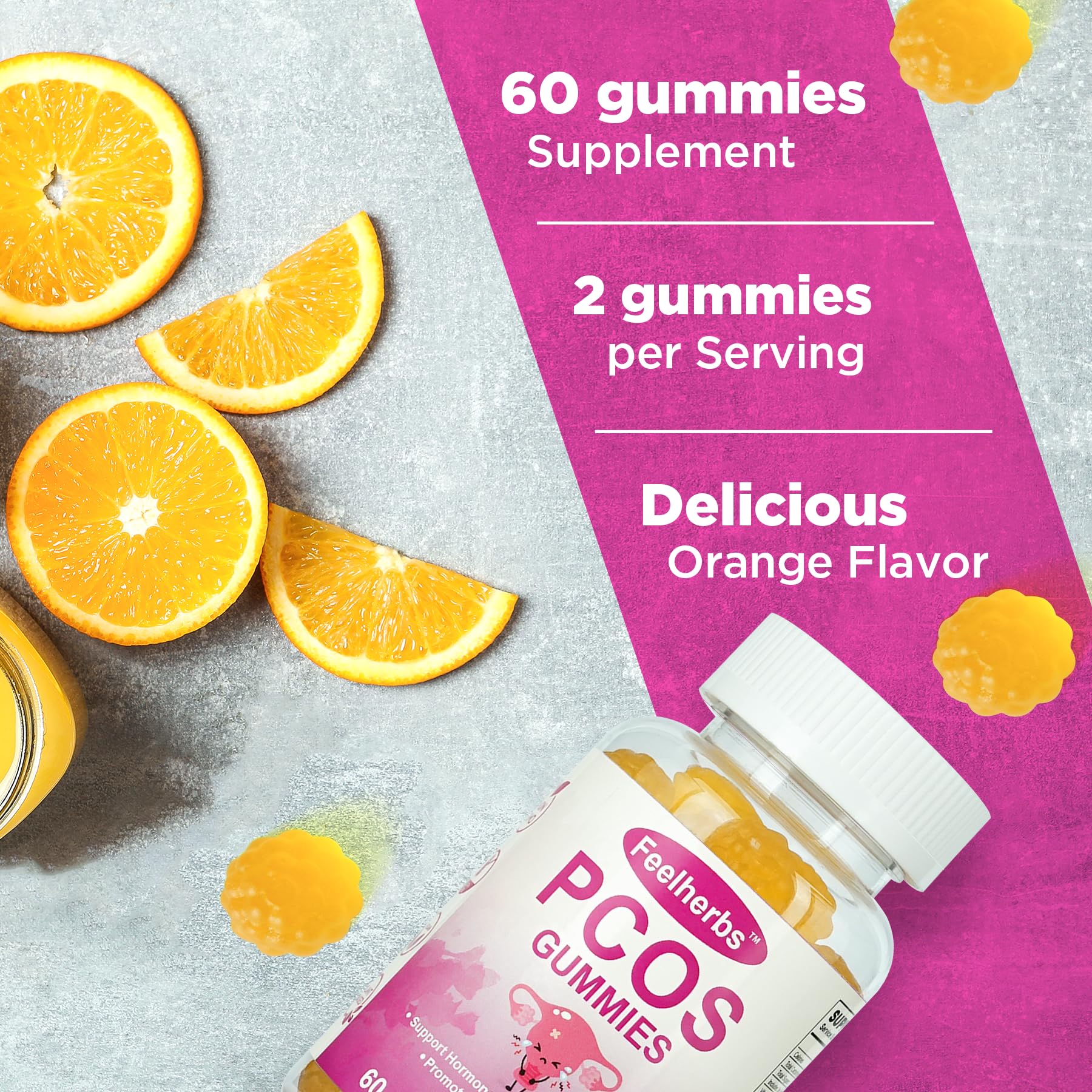 PCOS Gummies for Women Menstrual Cycle & Hormonal Balance, 60 Count Ovarian Support Gummies with Myo-Inositol, Folate and Vitamins, Orange Flavor PCOS Vitamins Gummies Helps Fertility and Ovulation Feelherbs buy supplements canada