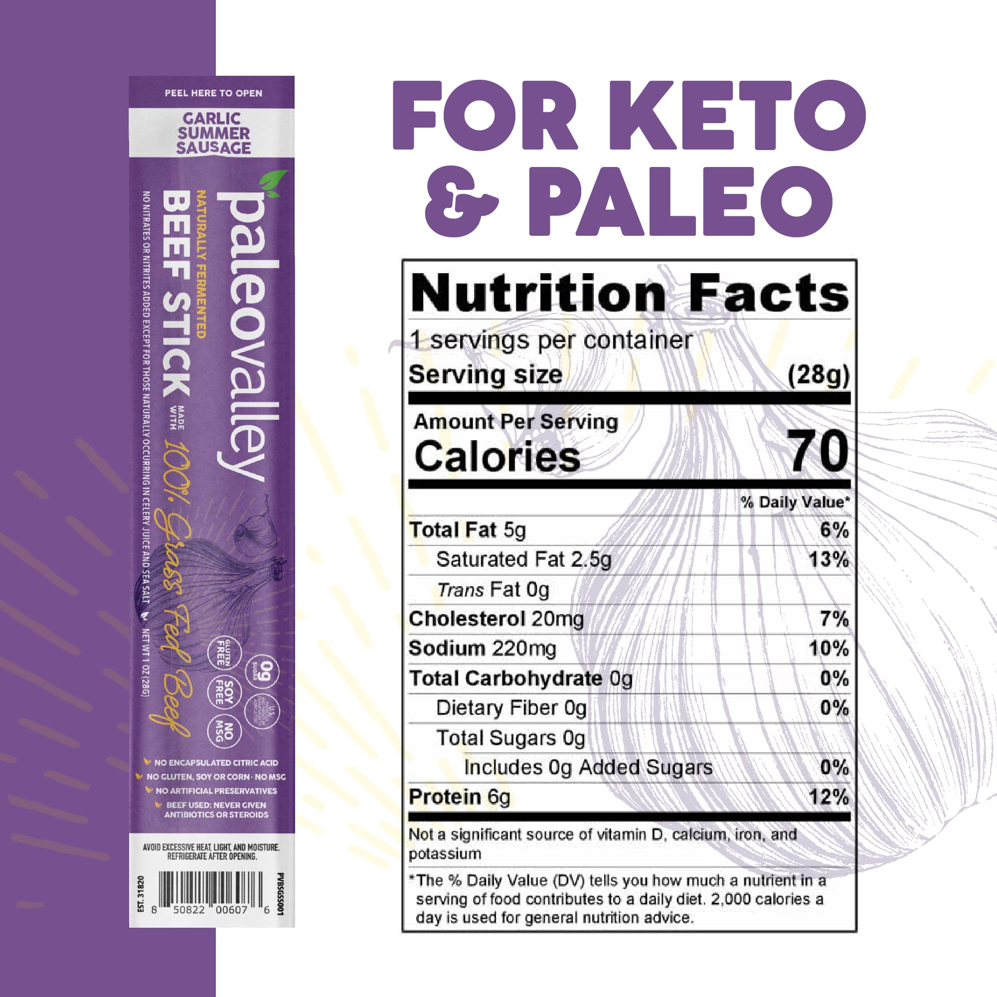 Paleovalley 100% Grass Fed Garlic Summer Sausage Beef Sticks - Delicious Gluten Free Beef Snack - High Protein Keto Friendly Paleovalley buy supplements canada