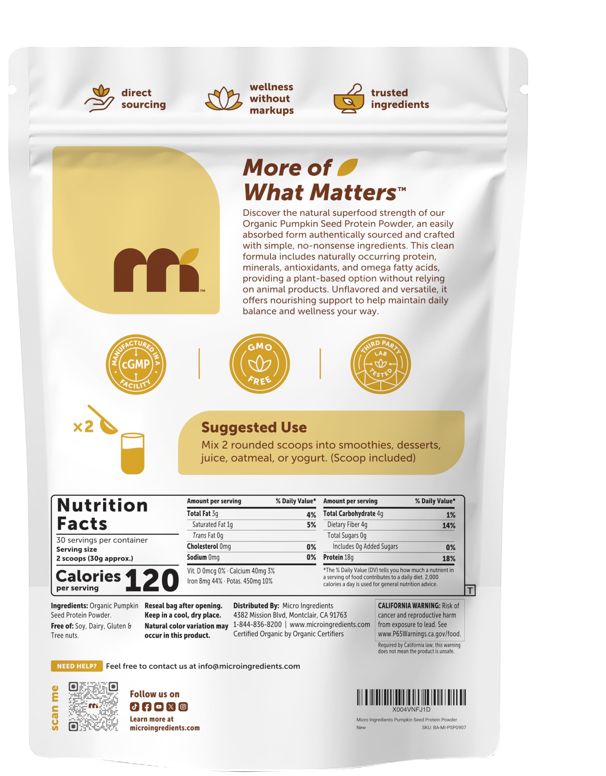 Micro Ingredients Organic Pumpkin Seed Protein Powder, 2lb | Raw Plant-Based Protein | Single-Ingredient Powder | Smooth Texture & Versatile Use | Non-GMO, Soy Free Micro Ingredients buy supplements canada
