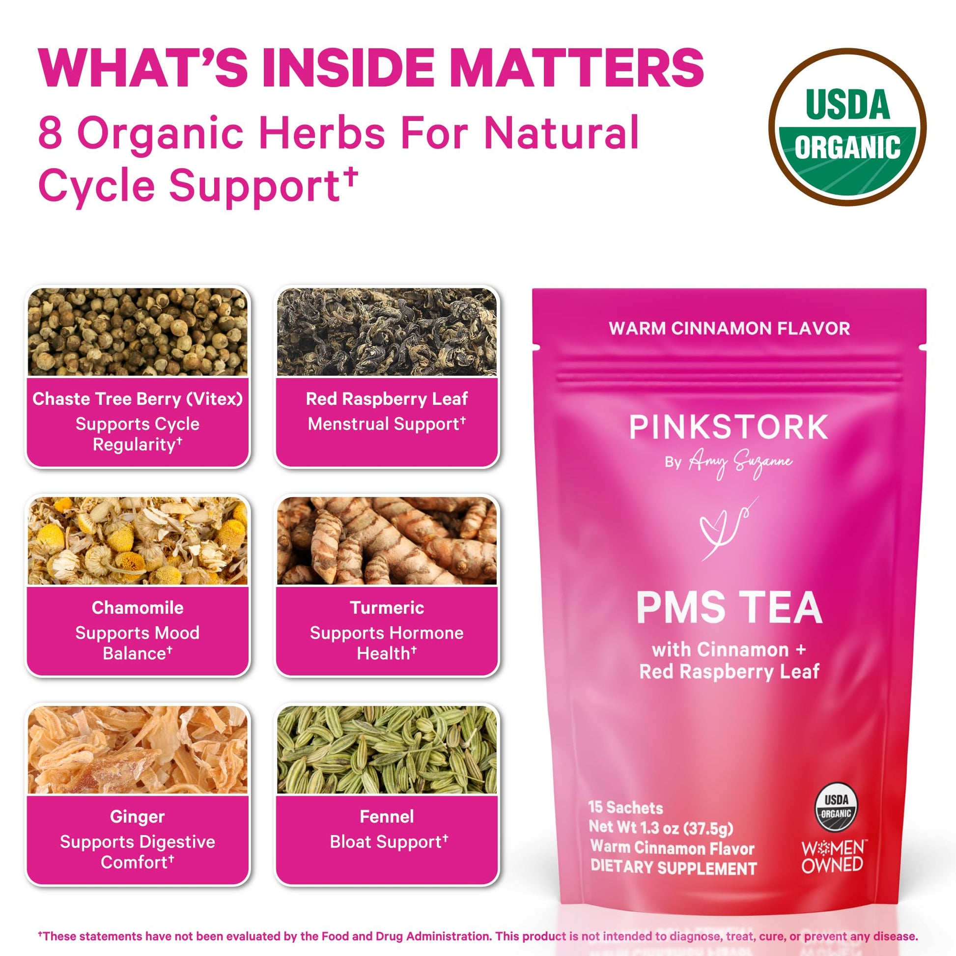 Pink Stork Organic PMS Tea for Hormone Balance, Mood Swings, Bloating, and Period Regularity - 8 Herbs - Vitex, Red Raspberry Leaf, Chamomile - Caffeine-Free - 15 Sachets, Hot or Iced Pink Stork buy supplements canada