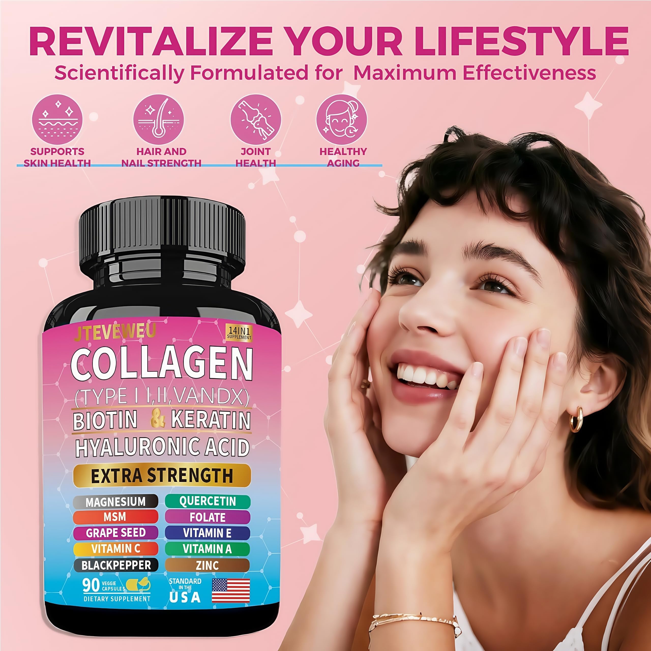 JTEVEweu Collagen Supplement - Type I, II, III, V and X - with Biotin, Keratin, Hyaluronic Acid & 13+ Extra Strength Ingredients - （90 Capsules） JTEVEweu buy supplements canada