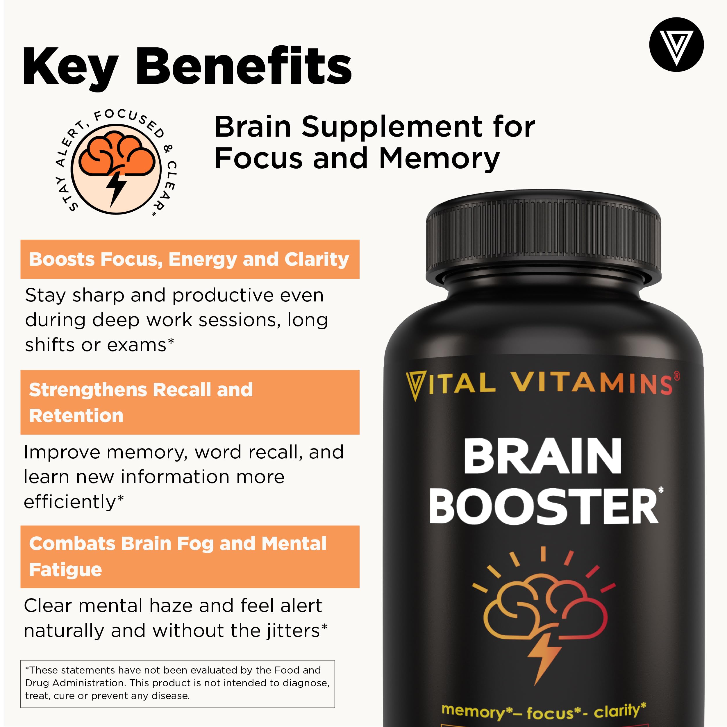Vital Vitamins Brain Supplements with Bacopa Monnieri - for Memory and Focus – Nootropic Brain Booster - Caffeine-Free Support for Adults & Seniors – Non-GMO, 30-Day Supply, 30 Capsules Vital Vitamins buy supplements canada