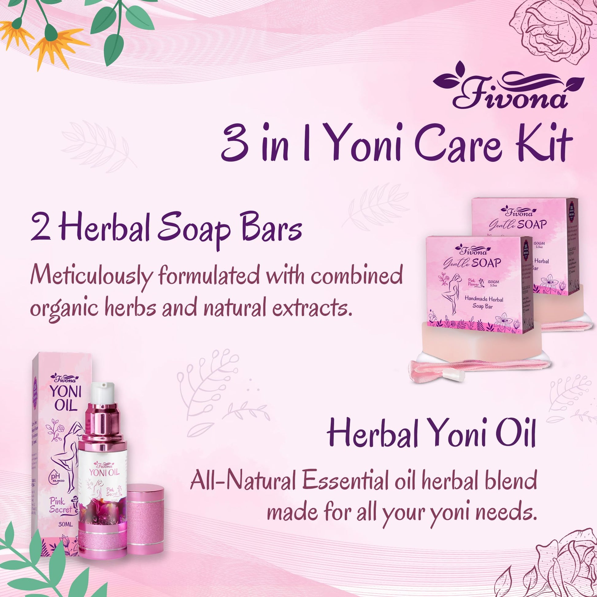 FIVONA 3 in 1 Set of Yoni Oil with 2 Yoni Soap Bars - Feminine pH Balanced Natural Vaginal Oil 30 ml FIVONA buy supplements canada