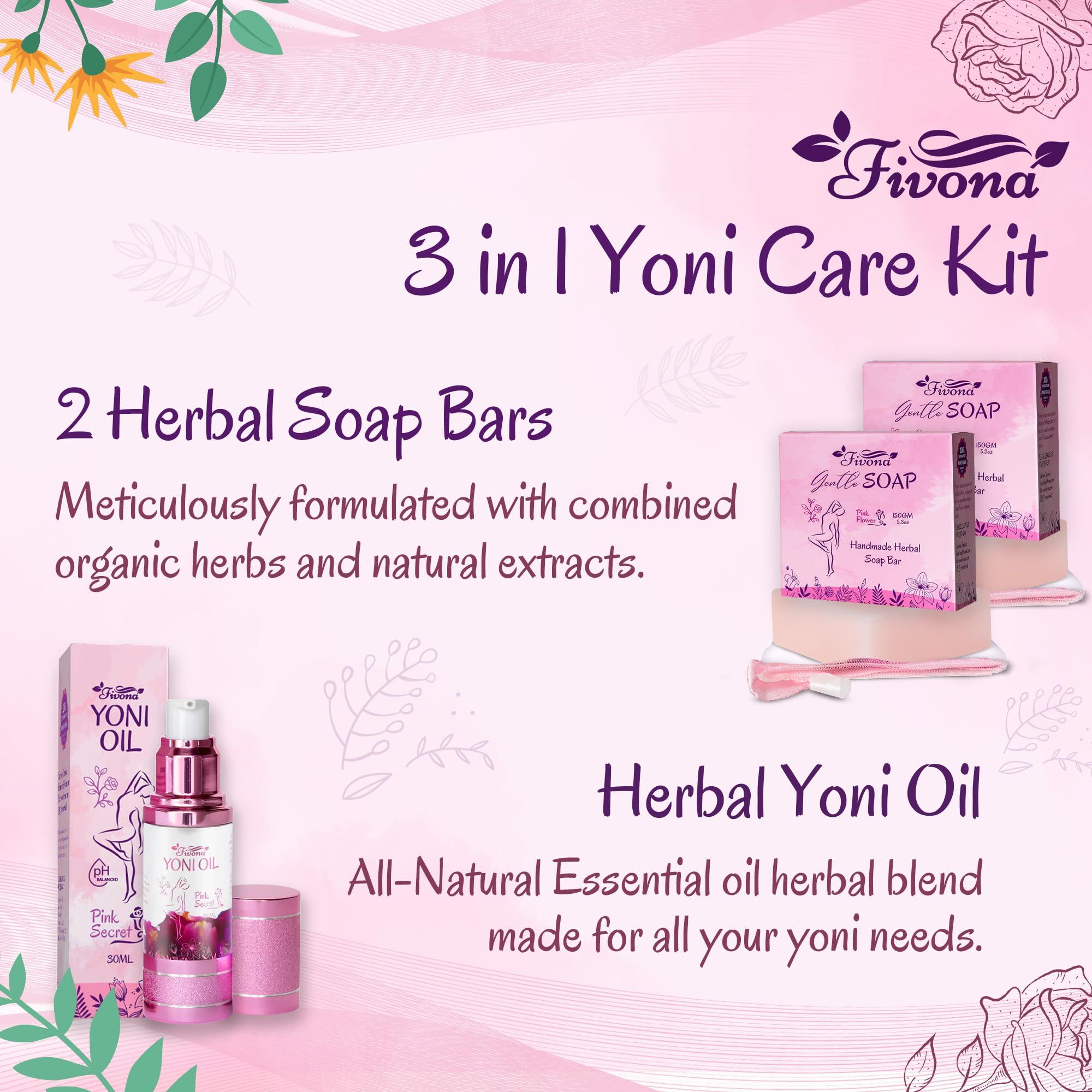 FIVONA 3 in 1 Set of Yoni Oil with 2 Yoni Soap Bars - Feminine pH Balanced Natural Vaginal Oil 30 ml FIVONA buy supplements canada