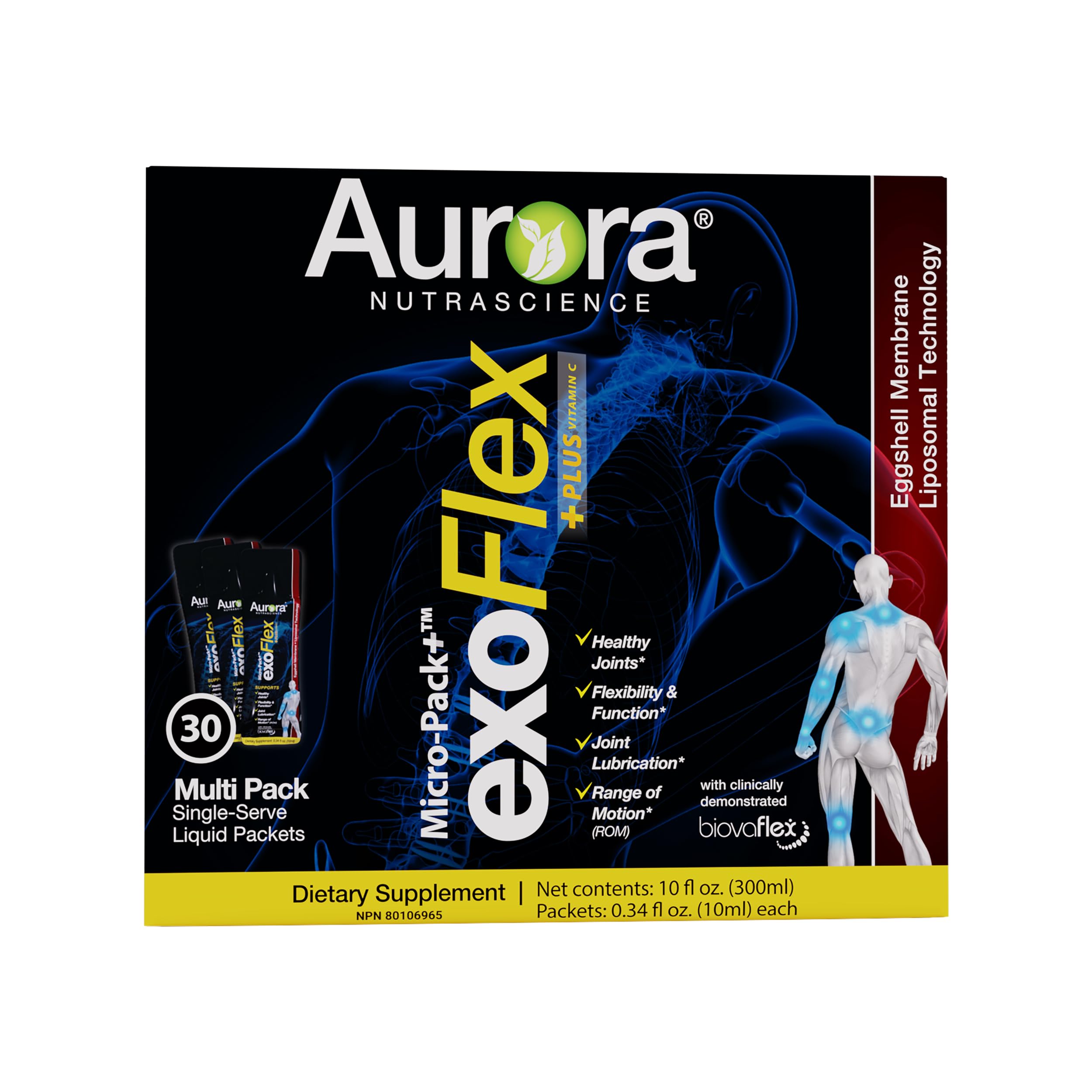 Aurora Nutrascience Micro-Pack Liposomal exoFlex+ - Liquid Vitamin C Supplement, Eggshell Membrane with BiovaFlex, Curcumin, & Boswellia, for Men & Women - 30 Single-Serve Packets Aurora Nutrascience buy supplements canada