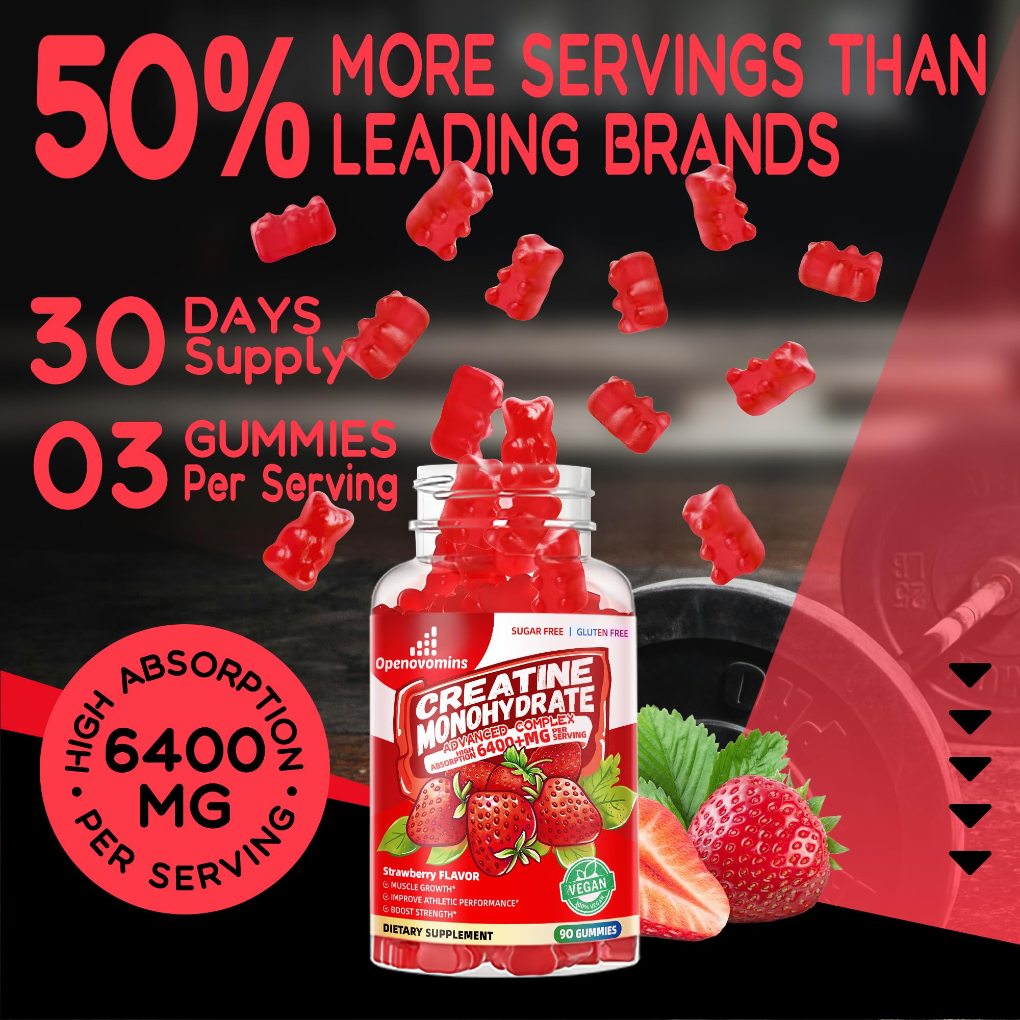 Creatine Monohydrate Gummies Complex for Men & Women -Advanced Formula W/L-Taurine + Vitamin B12, Sugar Free Chewable Supplement,90 Strawberry Gummies Openovomins buy supplements canada