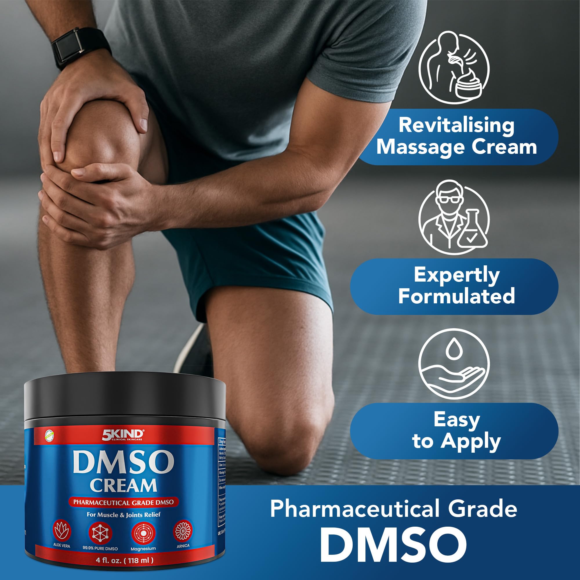 5Kind DMSO Cream for Pain Relief 4 fl oz - 99.9% Pure DMSO Pharmaceutical Grade Cream - Aloe Vera, Magnesium, Arnica & Menthol - Topical Muscle and Joint Pain Relief - Registered NDC - Made in USA 5kind clinical skincare buy supplements canada