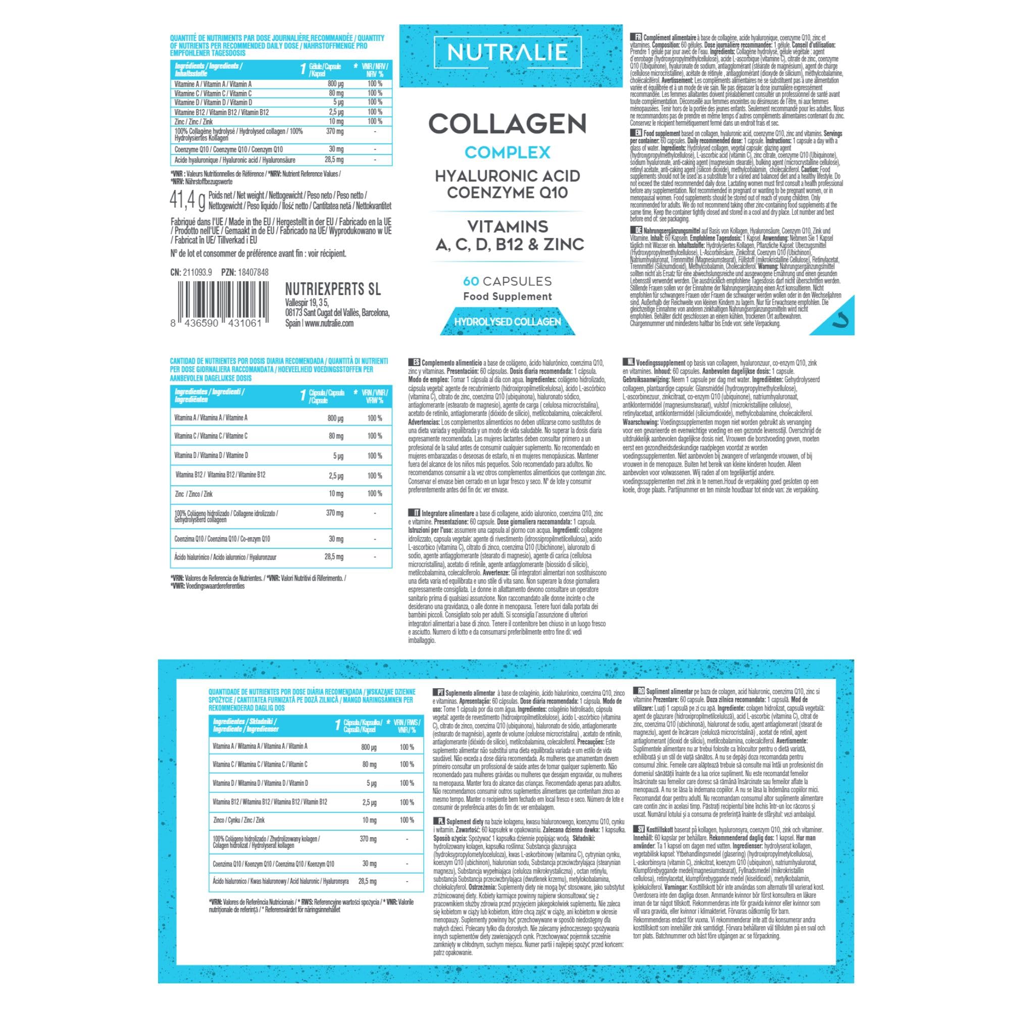 Collagen + Hyaluronic Acid + Q10 Hydrolysed Collagen Women Men + Vitamins A C D B12 Zinc NUTRALIE buy supplements canada