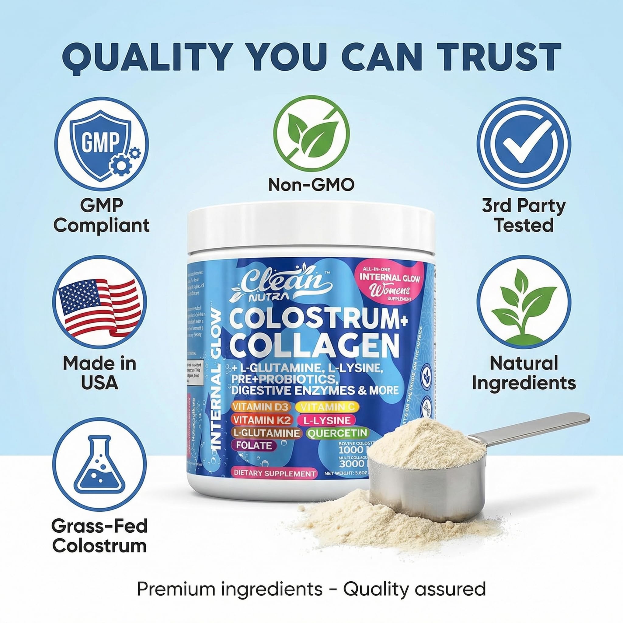 Bovine Colostrum Powder + Collagen Peptides with L-Glutamine L-Lysine Prebiotics Probiotics Digestive Enzymes Vitamin D K2 C Quercetin & Folate | Gut Health Supplement Internal Glow By Clean Nutra Clean Nutraceuticals buy supplements canada
