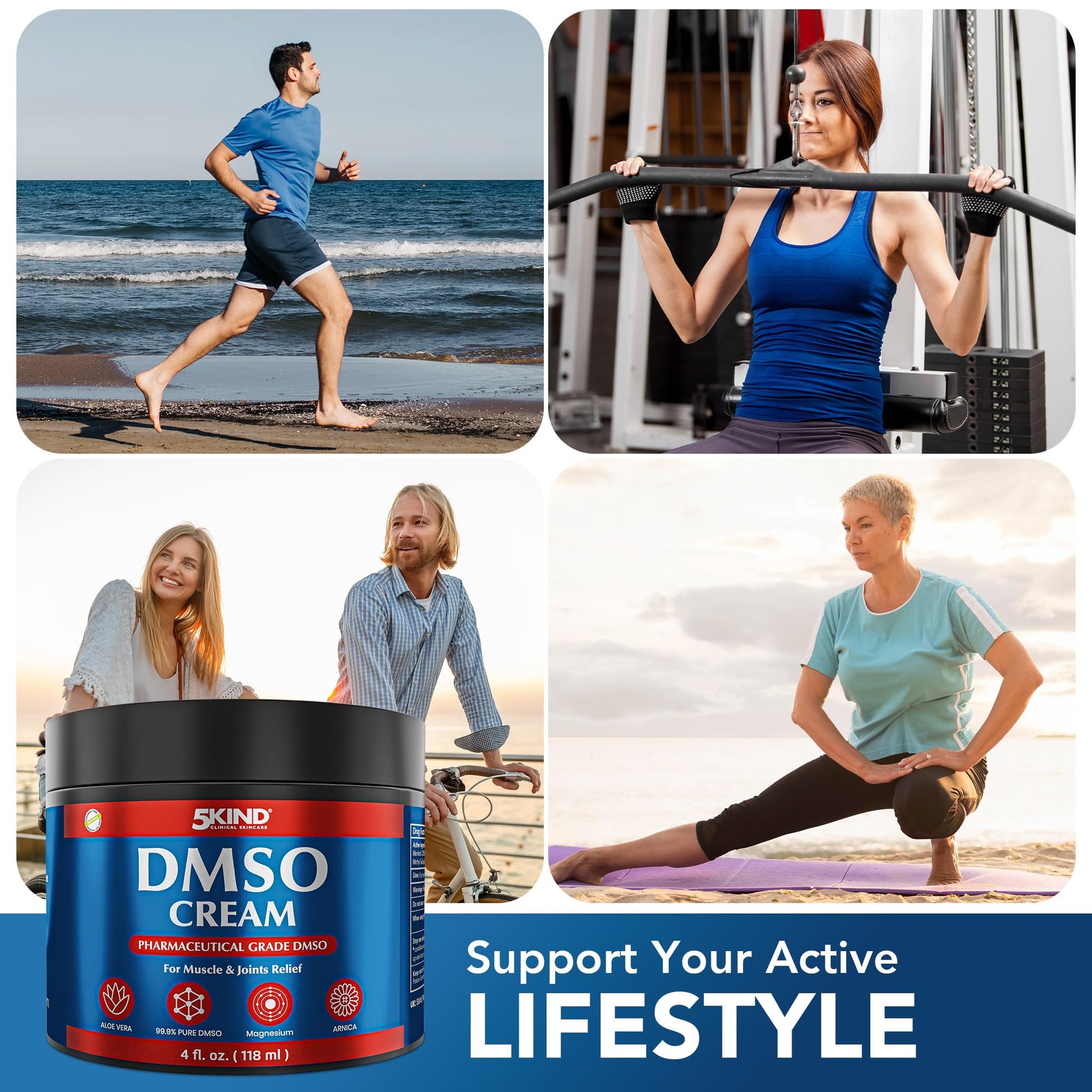 5Kind DMSO Cream for Pain Relief 4 fl oz - 99.9% Pure DMSO Pharmaceutical Grade Cream - Aloe Vera, Magnesium, Arnica & Menthol - Topical Muscle and Joint Pain Relief - Registered NDC - Made in USA 5kind clinical skincare buy supplements canada