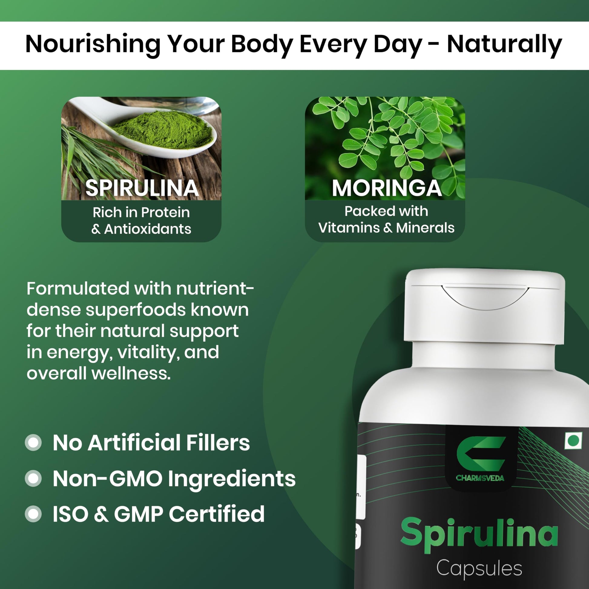 CHARMSVEDA Spirulina Capsules with Moringa – Herbal Immune Support* – 60 Vegan Capsules CHARMSVEDA buy supplements canada