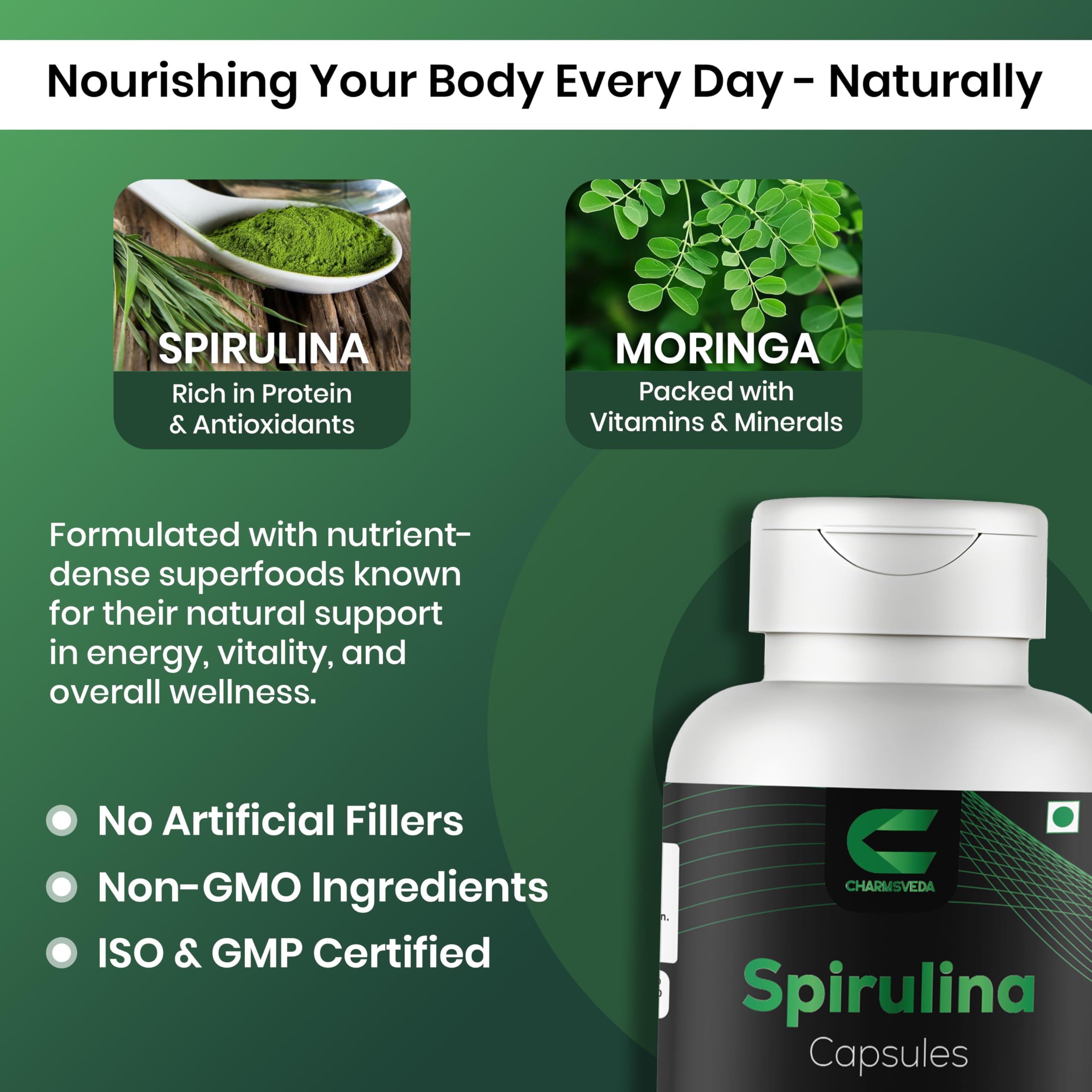 CHARMSVEDA Spirulina Capsules with Moringa – Herbal Immune Support* – 60 Vegan Capsules CHARMSVEDA buy supplements canada