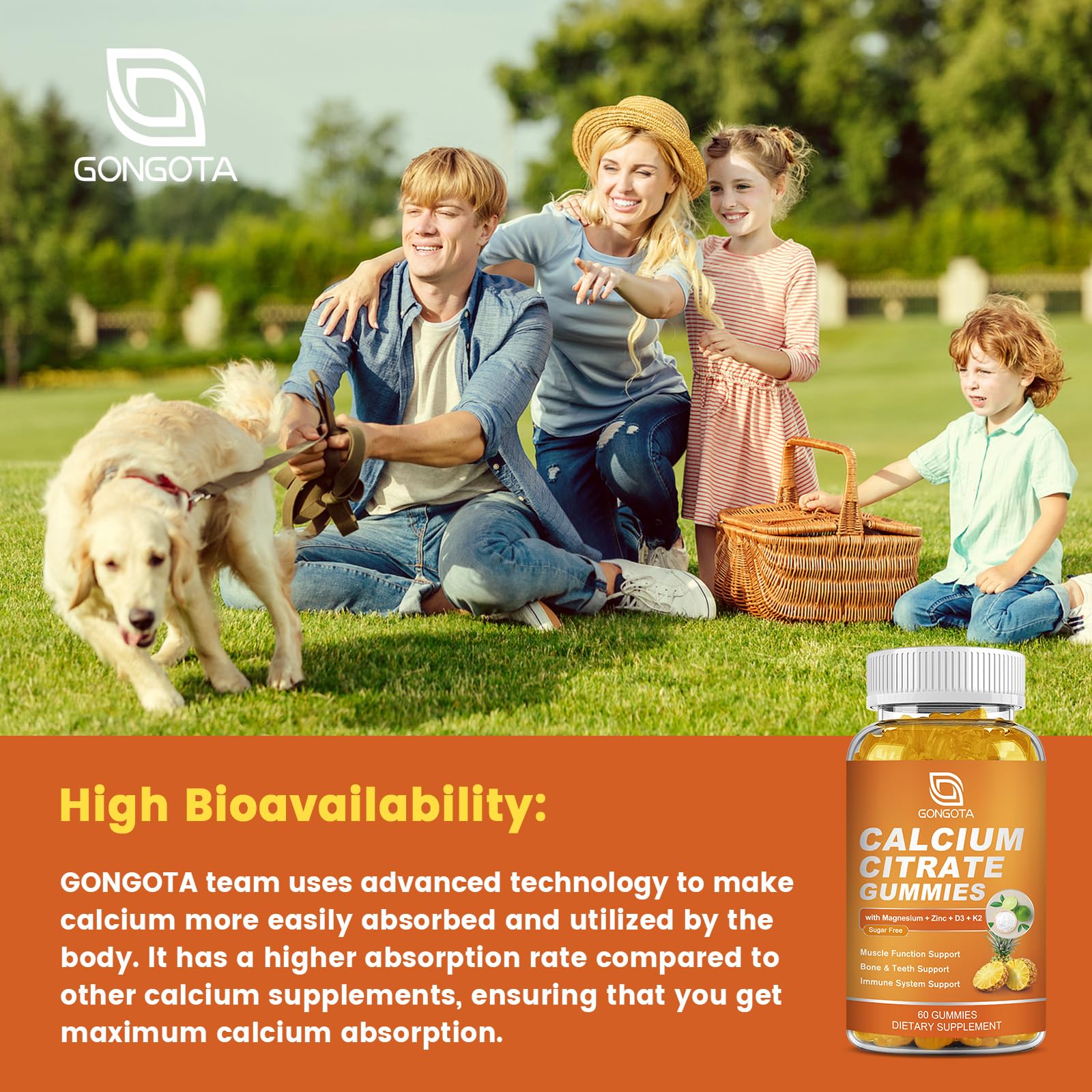 GONGOTA Calcium Citrate 1200mg with Vitamin D3 Gummies, Chewable Calcium for Bone, Muscle, Joints, Immune Support, Calcium Supplements for Women & Men,Sugar Free, Pineapple Flavor - 120 Gummies GONGOTA buy supplements canada