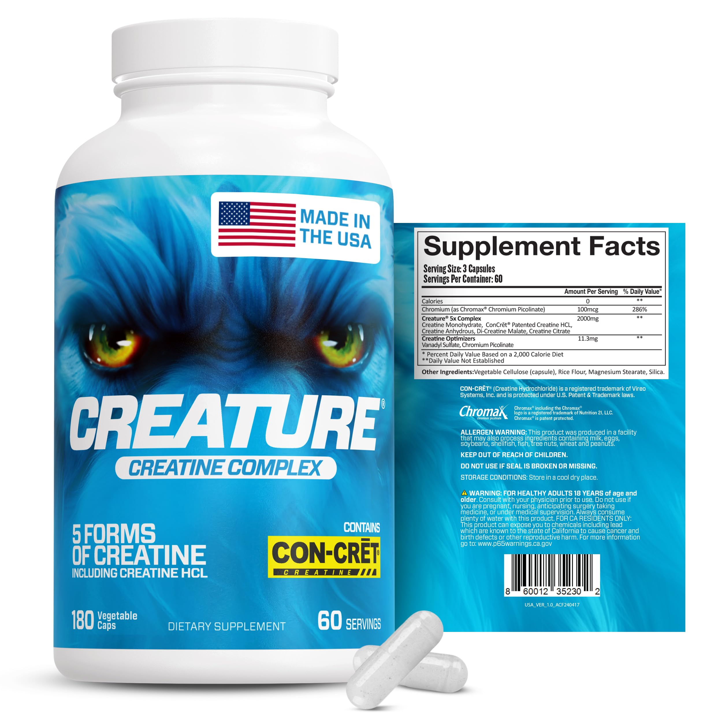 CREATURE® Creatine Complex - Creatine Monohydrate Capsules with 5 Types of Creatine Including Con-Crēt® Creatine HCL, Promotes Muscle, Strength, Endurance, Brain Health, 180 Veggie Caps, 60 Servings CREATURE buy supplements canada