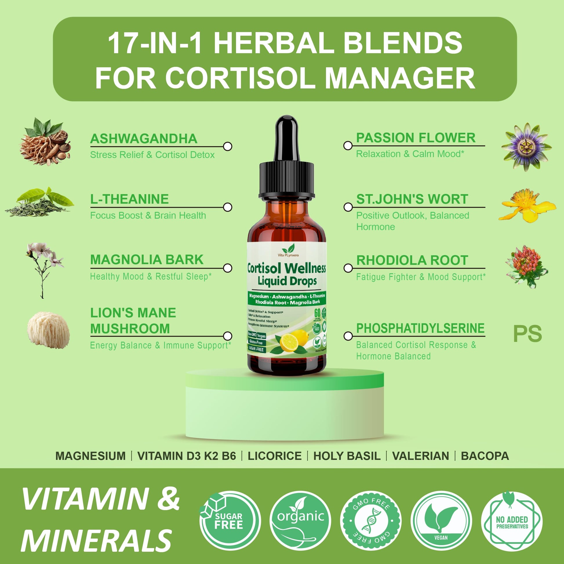 Vita PLynxera Cortisol Supplement Liquid Drops, 17-in-1 Cortisol Detox w. Magnesium Glycinate 400mg Ashwagandha, L-Theanine, Phosphatidylserine, Hormone Balanced for Women, Mood Focus, Sleep Support Vita PLynxera buy supplements canada