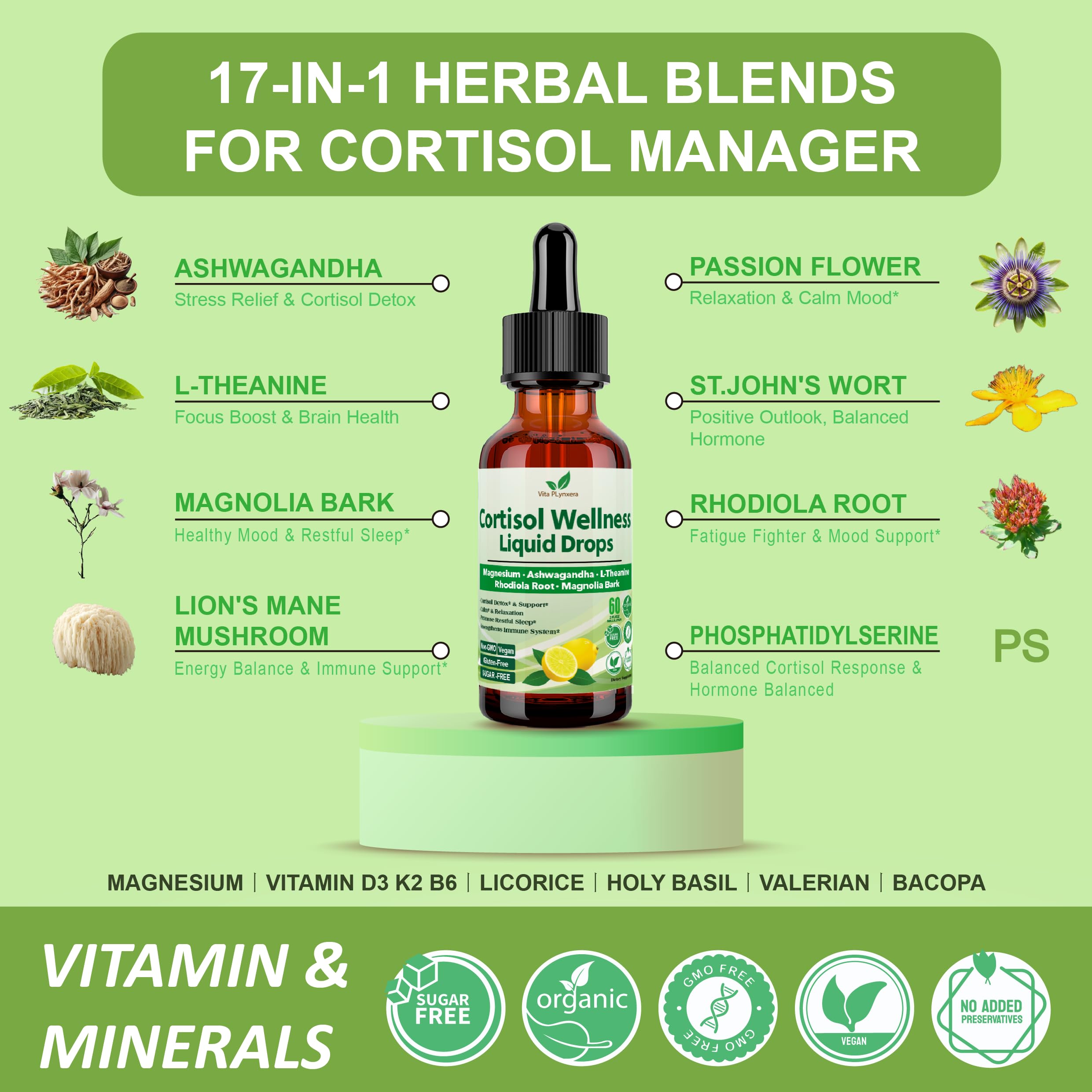 Vita PLynxera Cortisol Supplement Liquid Drops, 17-in-1 Cortisol Detox w. Magnesium Glycinate 400mg Ashwagandha, L-Theanine, Phosphatidylserine, Hormone Balanced for Women, Mood Focus, Sleep Support Vita PLynxera buy supplements canada